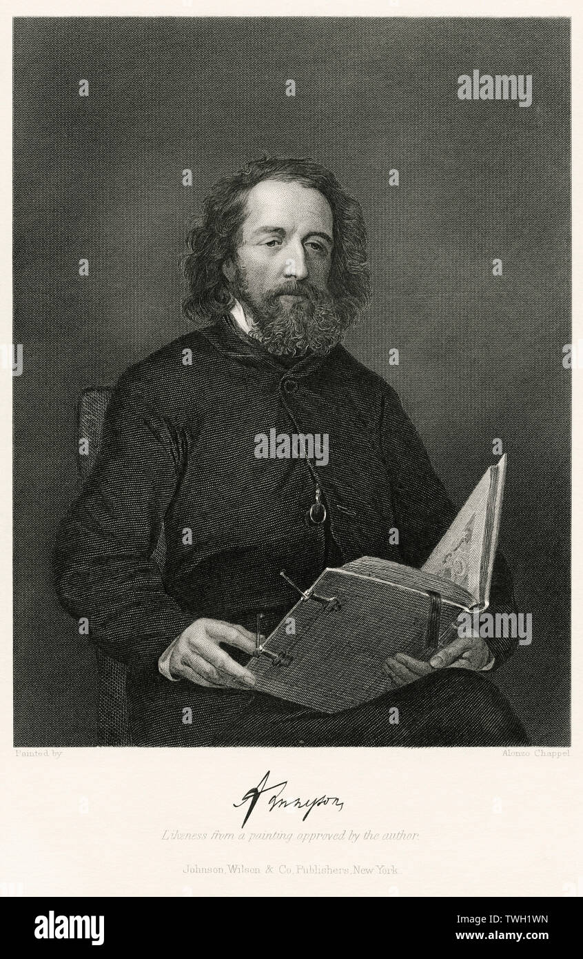 Alfred Lord Tennyson (1809-92), englischer Dichter, sitzt, Porträt, Stahlstich, Porträtgalerie bedeutender Männer und Frauen in Europa und Amerika durch Evert A. Duyckinck, von Henry J. Johnson, Johnson, Wilson & Company, New York, 1873 veröffentlicht. Stockfoto