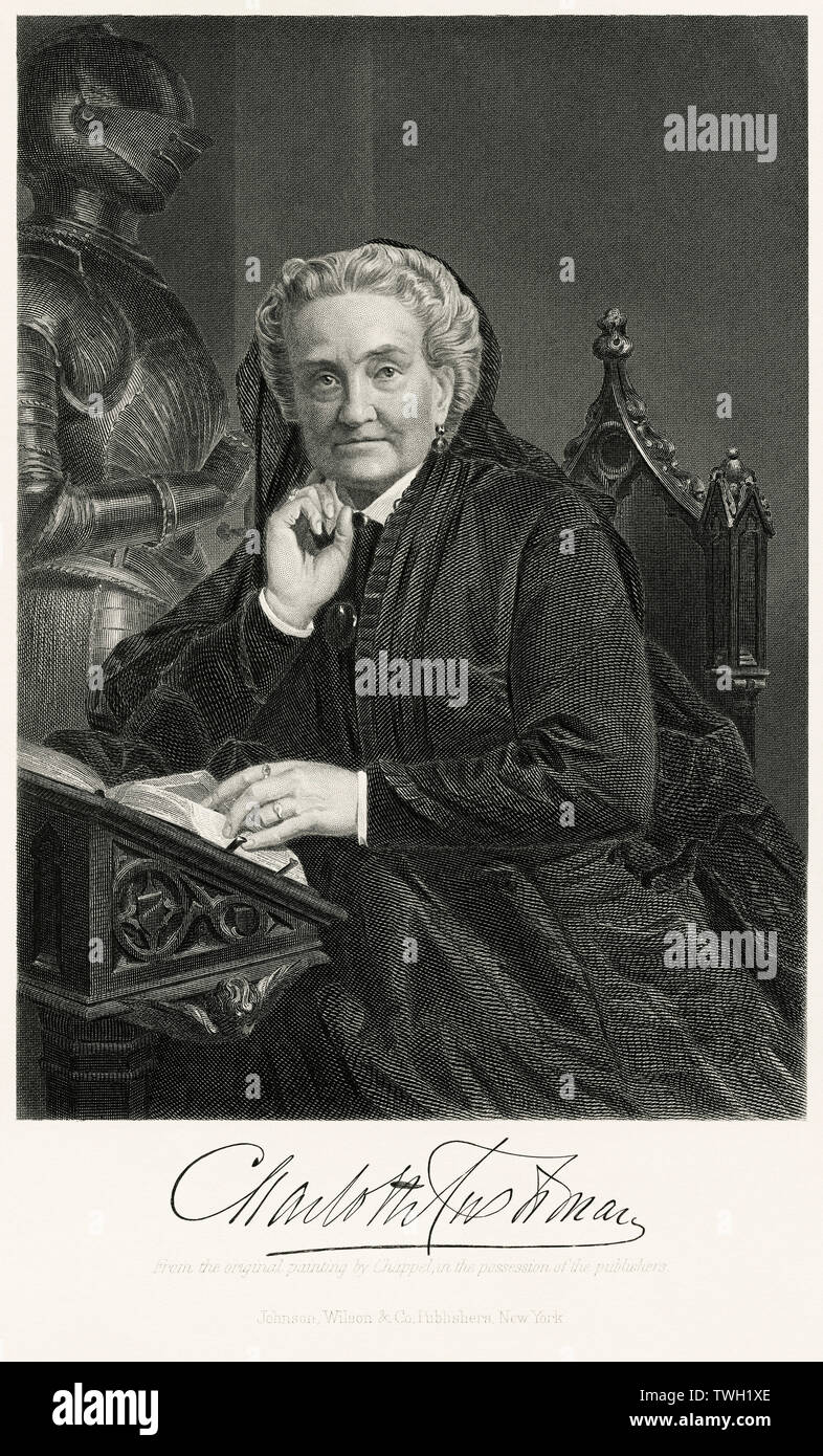 Charlotte Saunders Cushman (1816-76), US-amerikanische Bühnenschauspielerin, sitzt, Porträt, Stahlstich, Porträtgalerie bedeutender Männer und Frauen in Europa und Amerika durch Evert A. Duyckinck, von Henry J. Johnson, Johnson, Wilson & Company, New York, 1873 veröffentlicht. Stockfoto