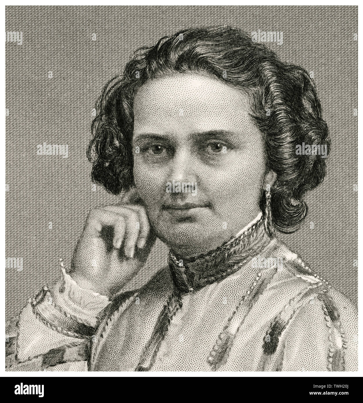 Harriet Hosmer (1830-1908), amerikanischer neoklassizistischen Bildhauers, Kopf und Schultern Portrait, Stahlstich, Porträtgalerie bedeutender Männer und Frauen in Europa und Amerika durch Evert A. Duyckinck, von Henry J. Johnson, Johnson, Wilson & Company, New York, 1873 veröffentlicht. Stockfoto