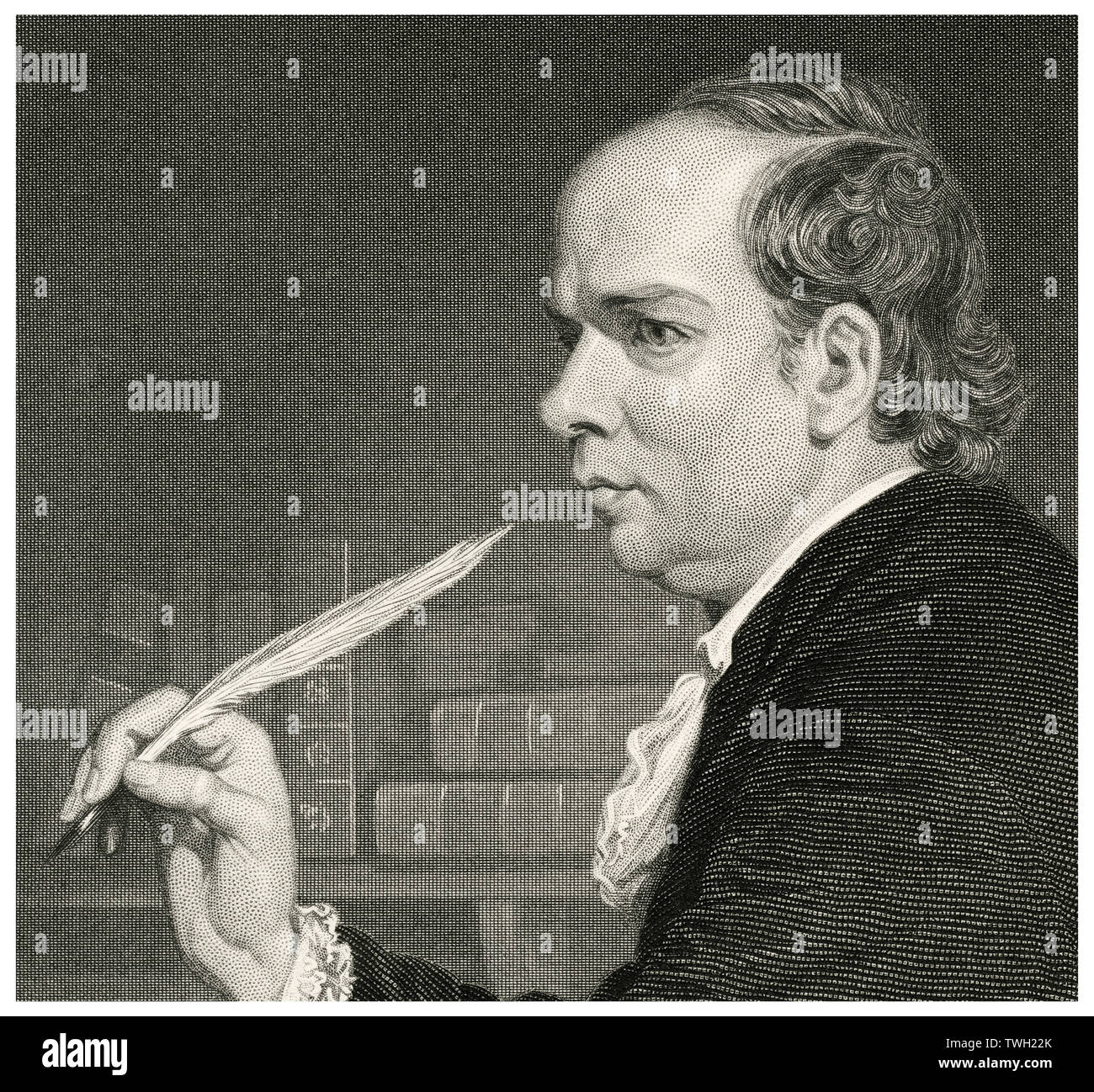 Oliver Goldsmith (1728-74), irischer Schriftsteller, Dramatiker und Dichter, Kopf und Schultern Portrait, Stahlstich, Porträtgalerie bedeutender Männer und Frauen in Europa und Amerika durch Evert A. Duyckinck, von Henry J. Johnson, Johnson, Wilson & Company, New York, 1873 veröffentlicht. Stockfoto