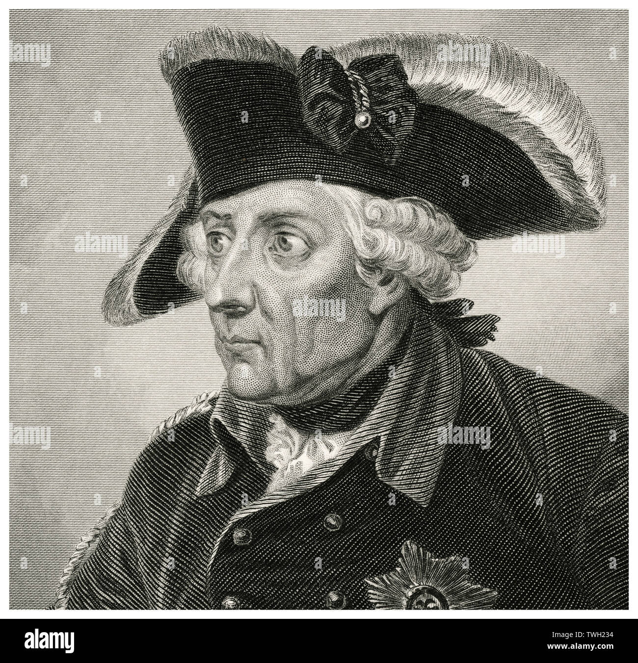 Friedrich II (1712-86), König des Königreichs Preußen 1740-86, Kopf und Schultern Portrait, Stahlstich, Porträtgalerie bedeutender Männer und Frauen in Europa und Amerika durch Evert A. Duyckinck, von Henry J. Johnson, Johnson, Wilson & Company, New York, 1873 veröffentlicht. Stockfoto