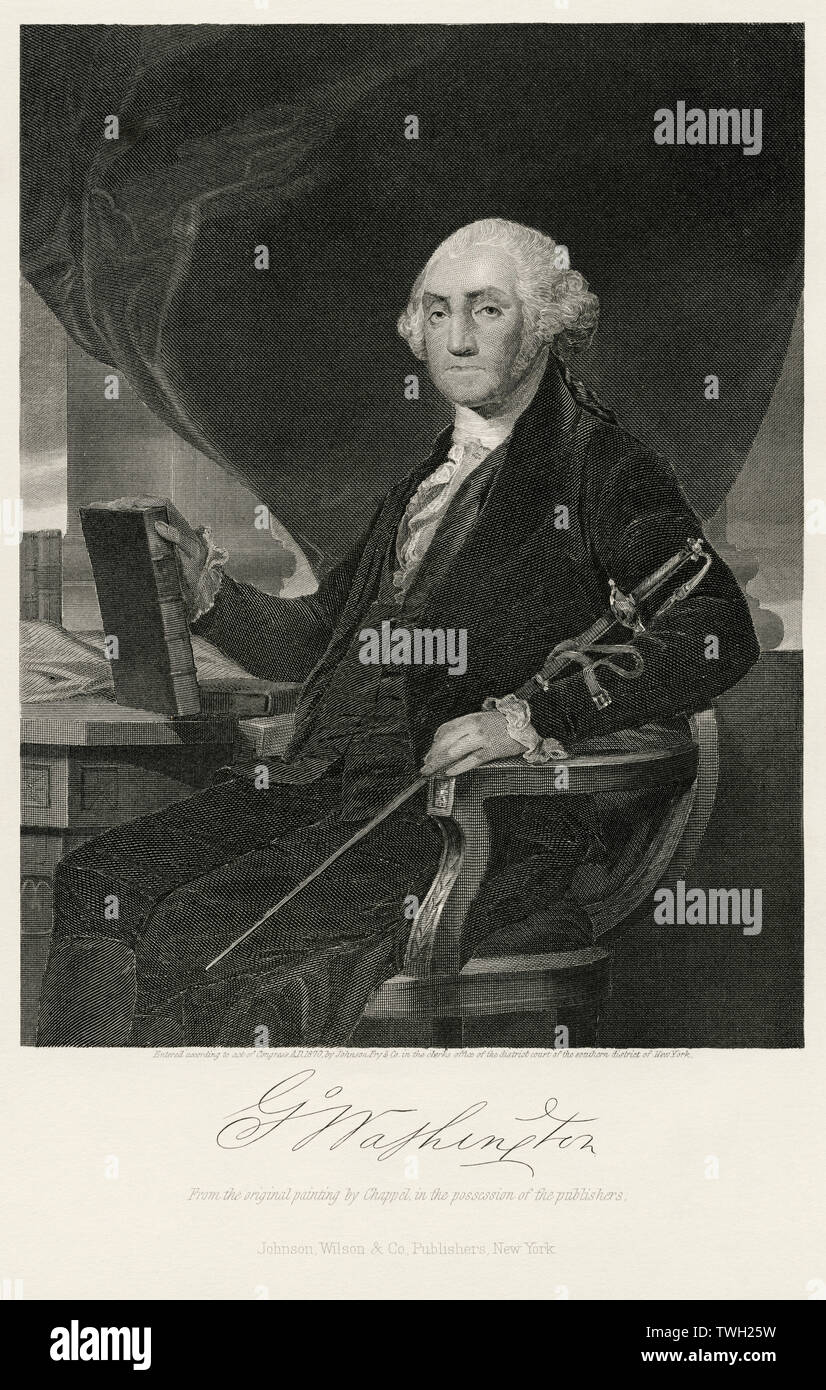 George Washington (1732-99), erster Präsident der Vereinigten Staaten, sitzt Portrait mit Schwert, Stahlstich, Porträtgalerie bedeutender Männer und Frauen in Europa und Amerika durch Evert A. Duyckinck, von Henry J. Johnson, Johnson, Wilson & Company, New York, 1873 veröffentlicht. Stockfoto