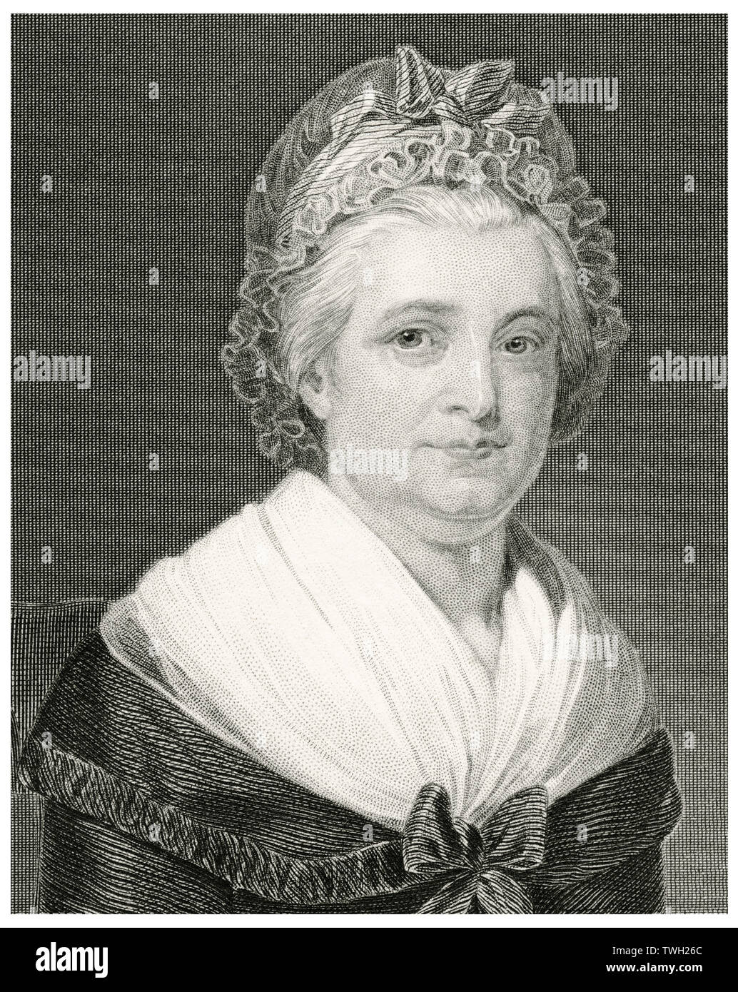 Martha Washington (1731-1802), Ehefrau von George Washington, erster Präsident der Vereinigten Staaten, Kopf und Schultern Portrait, Stahlstich, Porträtgalerie bedeutender Männer und Frauen in Europa und Amerika durch Evert A. Duyckinck, von Henry J. Johnson, Johnson, Wilson & Company, New York, 1873 veröffentlicht. Stockfoto