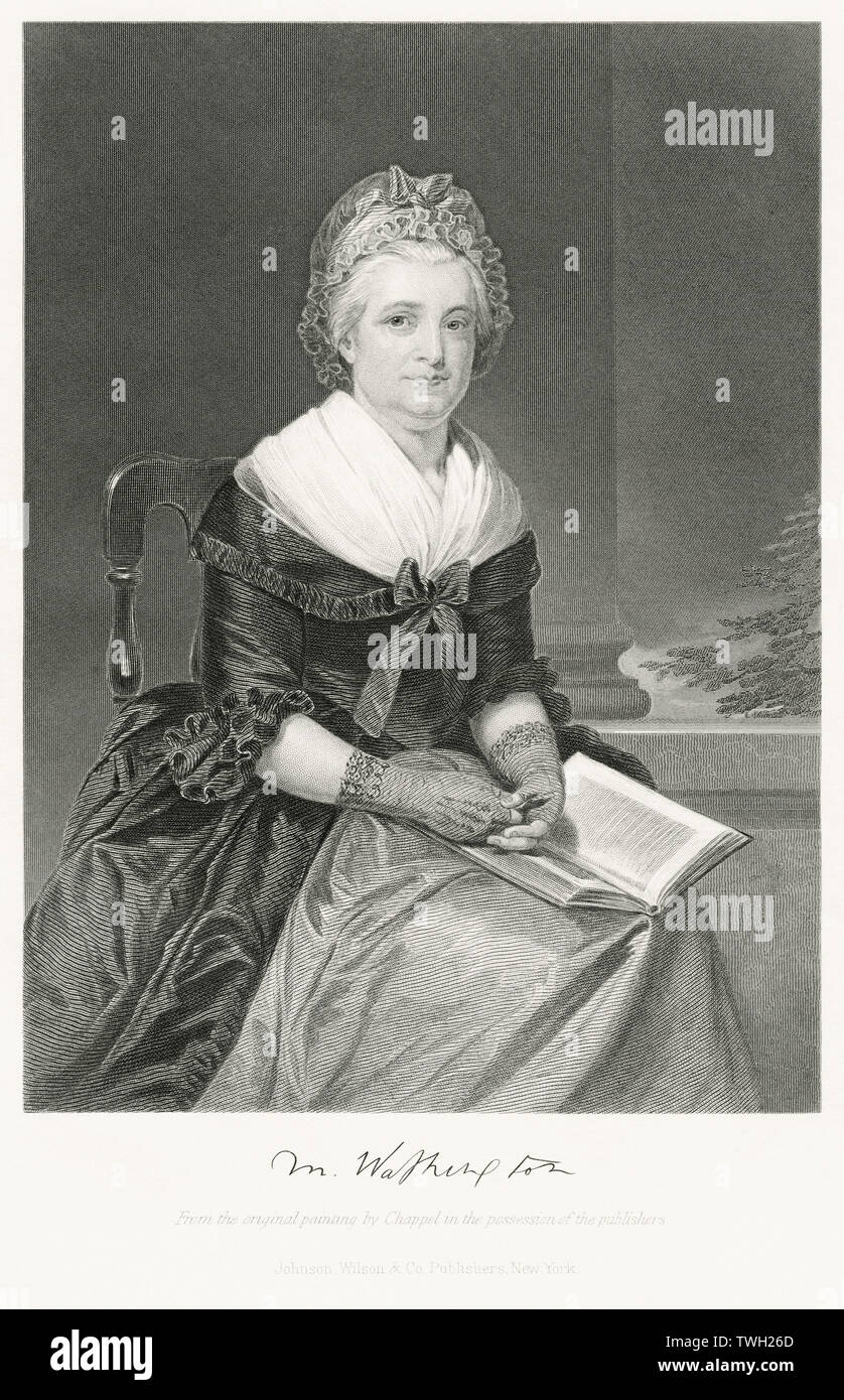Martha Washington (1731-1802), Ehefrau von George Washington, erster Präsident der Vereinigten Staaten, sitzt, Porträt, Stahlstich, Porträtgalerie bedeutender Männer und Frauen in Europa und Amerika durch Evert A. Duyckinck, von Henry J. Johnson, Johnson, Wilson & Company, New York, 1873 veröffentlicht. Stockfoto