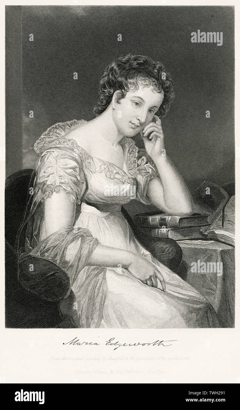 Maria Edgeworth (1768-1849), anglo-irischen Schriftsteller bekannt für ihre Kinder Literatur, sitzt, Porträt, Stahlstich, Porträtgalerie bedeutender Männer und Frauen in Europa und Amerika durch Evert A. Duyckinck, von Henry J. Johnson, Johnson, Wilson & Company, New York, 1873 veröffentlicht. Stockfoto