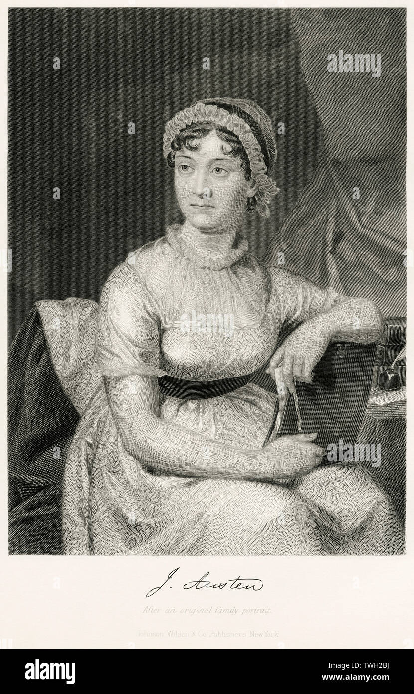 Jane Austen (1775-1817), englischer Schriftsteller, sitzt, Porträt, Stahlstich, Porträtgalerie bedeutender Männer und Frauen in Europa und Amerika durch Evert A. Duyckinck, von Henry J. Johnson, Johnson, Wilson & Company, New York, 1873 veröffentlicht. Stockfoto