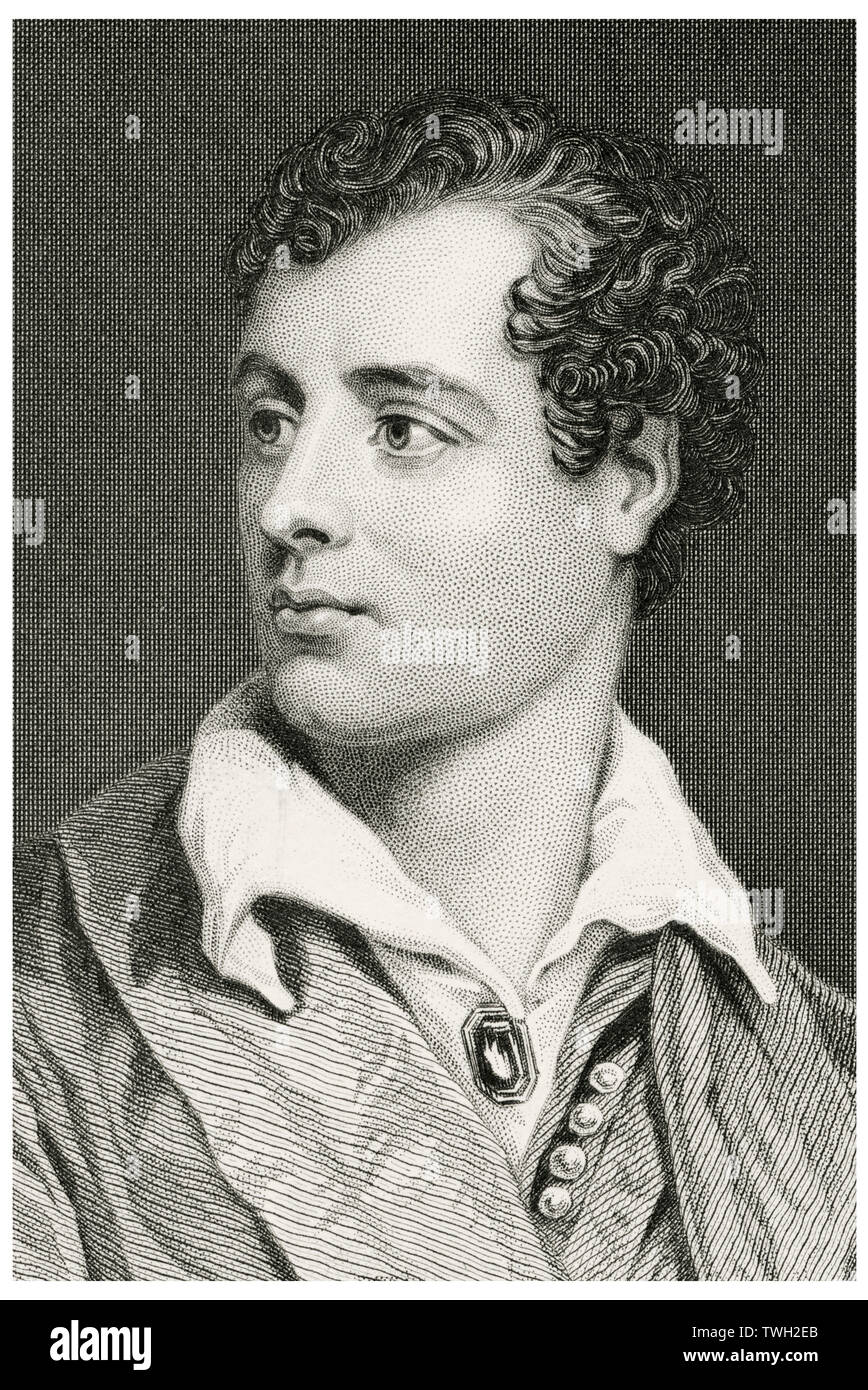 George Gordon Byron (1788-1824), Lord Byron, englischer Dichter, Kopf und Schultern Portrait, Stahlstich, Porträtgalerie bedeutender Männer und Frauen in Europa und Amerika durch Evert A. Duyckinck, von Henry J. Johnson, Johnson, Wilson & Company, New York, 1873 veröffentlicht. Stockfoto