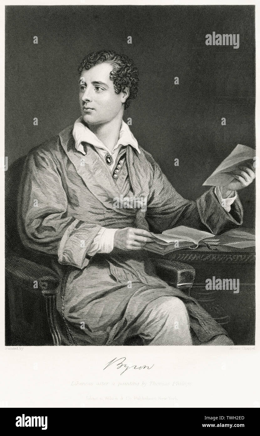 George Gordon Byron (1788-1824), Lord Byron, englischer Dichter, sitzt, Porträt, Stahlstich, Porträtgalerie bedeutender Männer und Frauen in Europa und Amerika durch Evert A. Duyckinck, von Henry J. Johnson, Johnson, Wilson & Company, New York, 1873 veröffentlicht. Stockfoto
