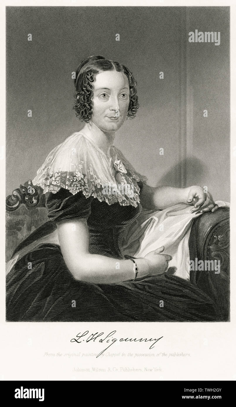 Lydia Huntley Sigourney (1791-1865), amerikanischer Dichter, sitzt, Porträt, Stahlstich, Porträtgalerie bedeutender Männer und Frauen in Europa und Amerika durch Evert A. Duyckinck, von Henry J. Johnson, Johnson, Wilson & Company, New York, 1873 veröffentlicht. Stockfoto