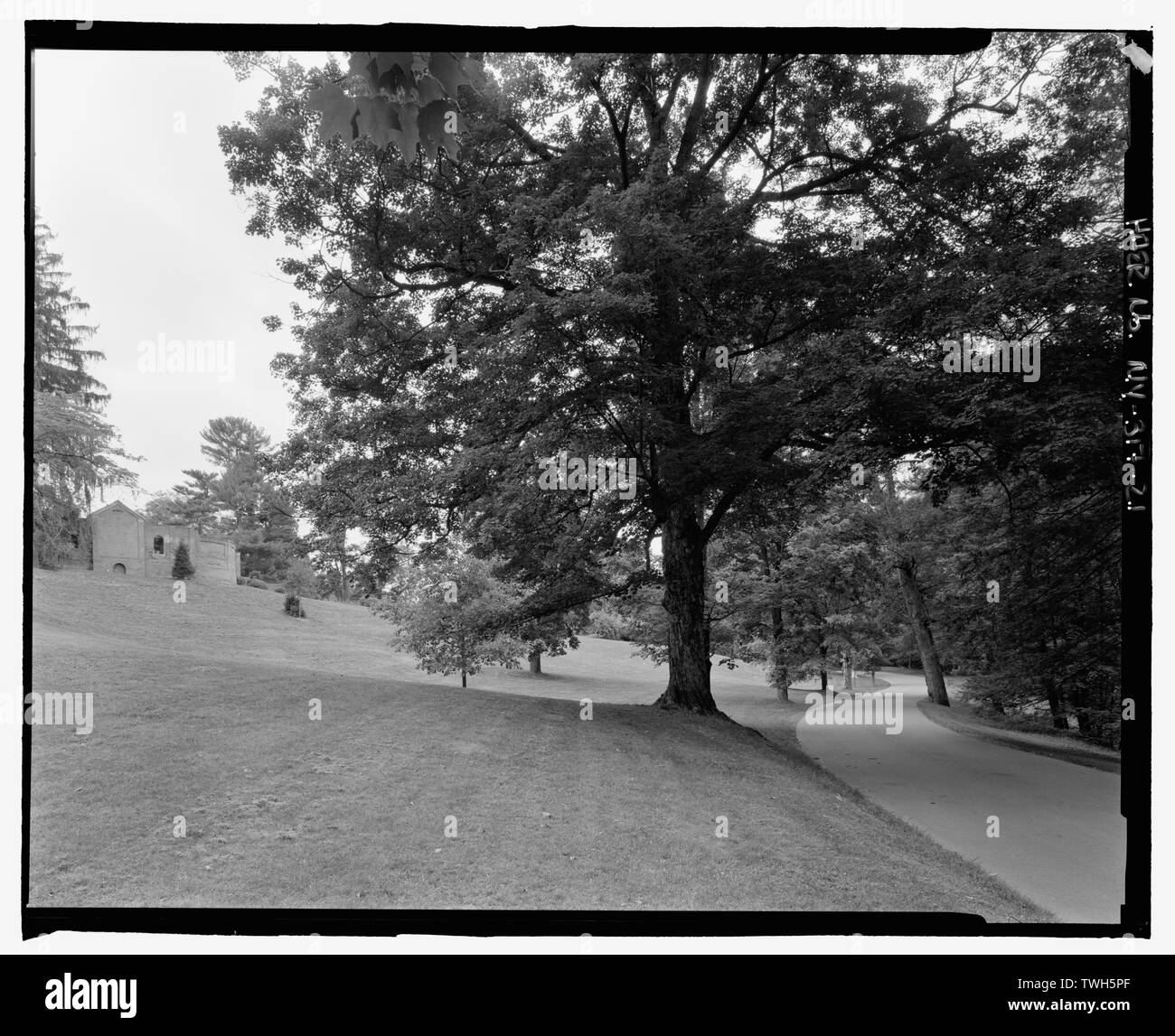 Mit Blick auf Strasse, NPS Weg 13, mit Garten Wand auf Hill, NE. - Vanderbilt Mansion Straßen und Brücken, Hyde Park, Dutchess County, NY Stockfoto