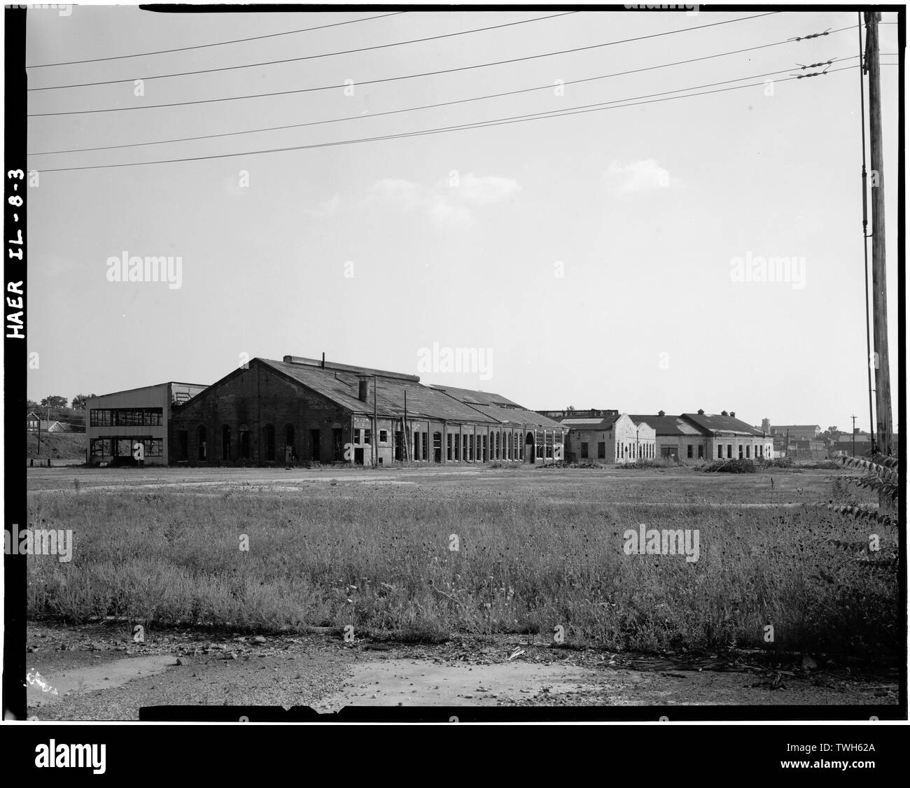 Roadhouse und Geschäfte, Südlage - Chicago, Burlington und Quincy Railroad, Roundhouse und Geschäfte, Broadway und Spring Street, Aurora, Kane County, IL Stockfoto