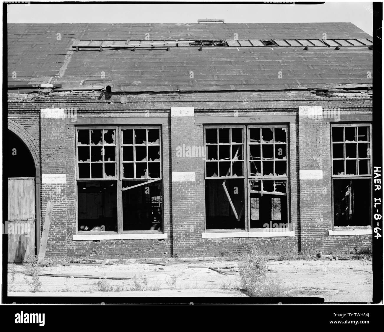 Rod Shop, Osten Höhe Fenster Detail - Chicago, Burlington und Quincy Railroad, Roundhouse und Geschäfte, Broadway und Spring Street, Aurora, Kane County, IL Stockfoto