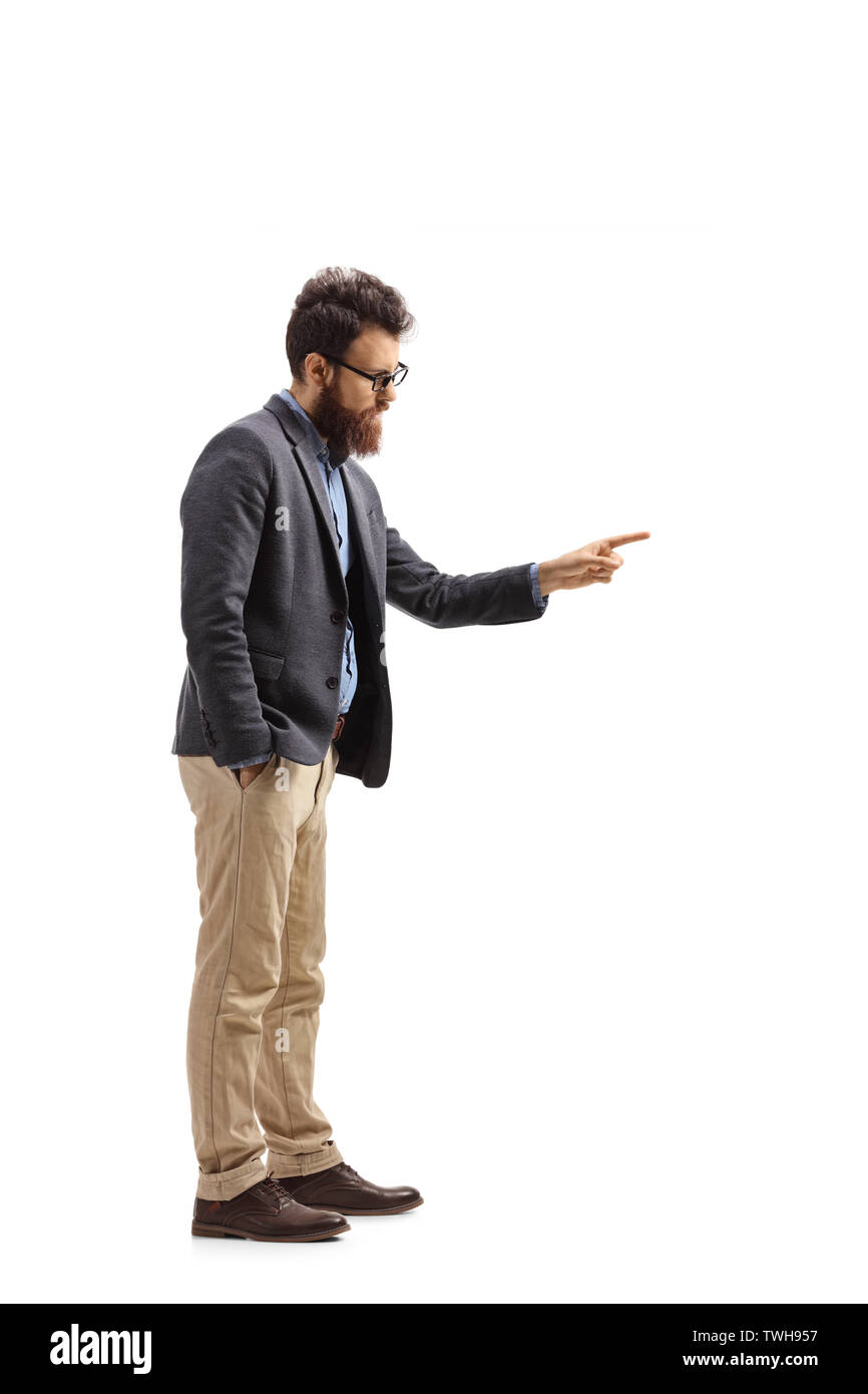 Volle Länge Profil Schoß eines Mannes Schelte mit seinem Finger isoliert auf weißem Hintergrund Stockfoto