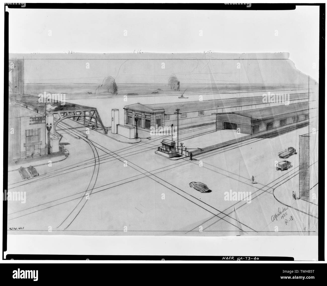 SACRAMENTO ANSATZ ZU ÜBERBRÜCKEN, ANZEIGEN M Straße (jetzt Capitol Mall) ANFAHREN VON RECHTS UNTEN, der Wächter die Slums in der Mitte, die TITEL VON SACRAMENTO NORTHERN RAILWAY ENTLANG DER MITTELLINIE DES M STRASSE UND BRÜCKE UND TRACKS der Southern Pacific Railroad Crossing M STREET AUF DER STRASSE. Fluss LINIEN GEBÄUDE AN DER LINKEN WAR SACRAMENTO TERMINAL FÜR FLUSS DAMPFER DELTA QUEEN UND DELTA KÖNIG. Bleistift, und waschen Sie die Zeichnung von Architekt Alfred Eichler, 1935. - Sacramento River Bridge, Spanning Sacramento River an der California State Highway 275, Sacramento, Sacramento County, CA Stockfoto