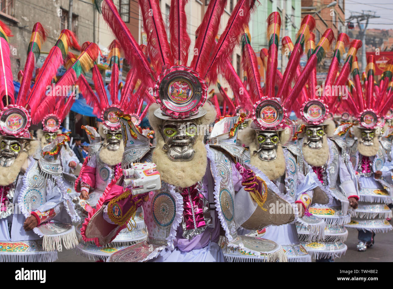 Maskierte Tänzer im Gran Poder Festival, La Paz, Bolivien Stockfoto