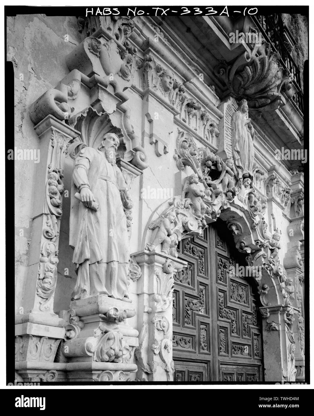 Skulptur DETAIL, vordere Tür - Mission San Jose y San Miguel de Aguayo, Kirche, 6539 San Jose Road, San Antonio, Bexar County, TX Stockfoto