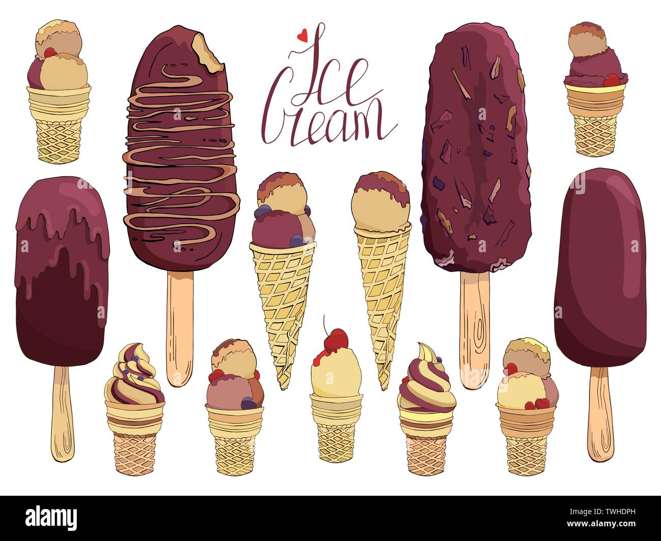 Satz von Hand gezeichnet Eis. Ansammlung isolierter Vektor Elemente für Etiketten, Logos, Abzeichen, Aufkleber, Symbole. Für Bar, Cafe, Menü, Eis verwendet oder Stock Vektor