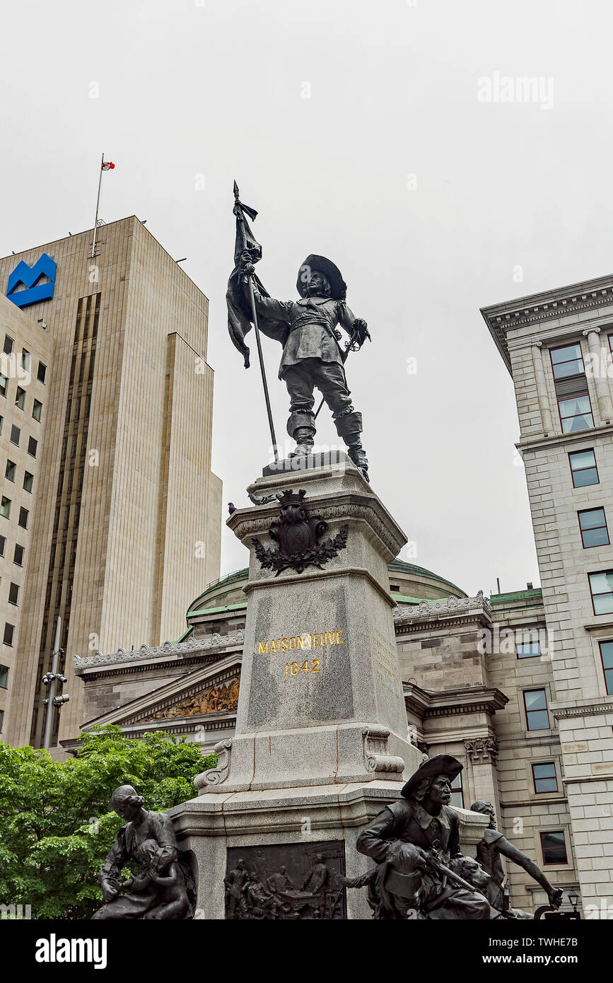 Statue von Paul de Chomedey, Sieur de Maisonneuve-Old Montreal Stockfoto