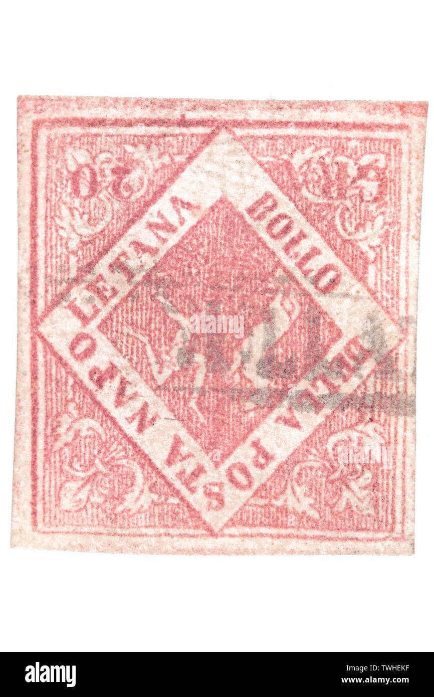 Postalische Fälschung des 1858 Königreich Neapel 20 Grana Stempel auf weißem Hintergrund. Stockfoto