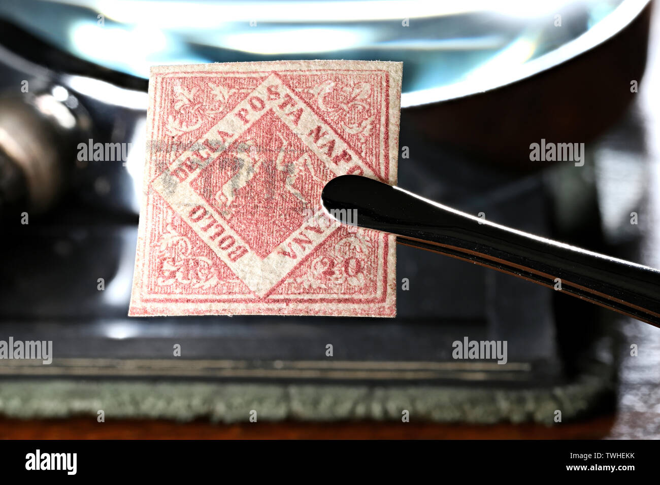 Postalische Fälschung des 1858 Königreich Neapel 20 Grana Briefmarke von Pinzette gehalten. Stockfoto