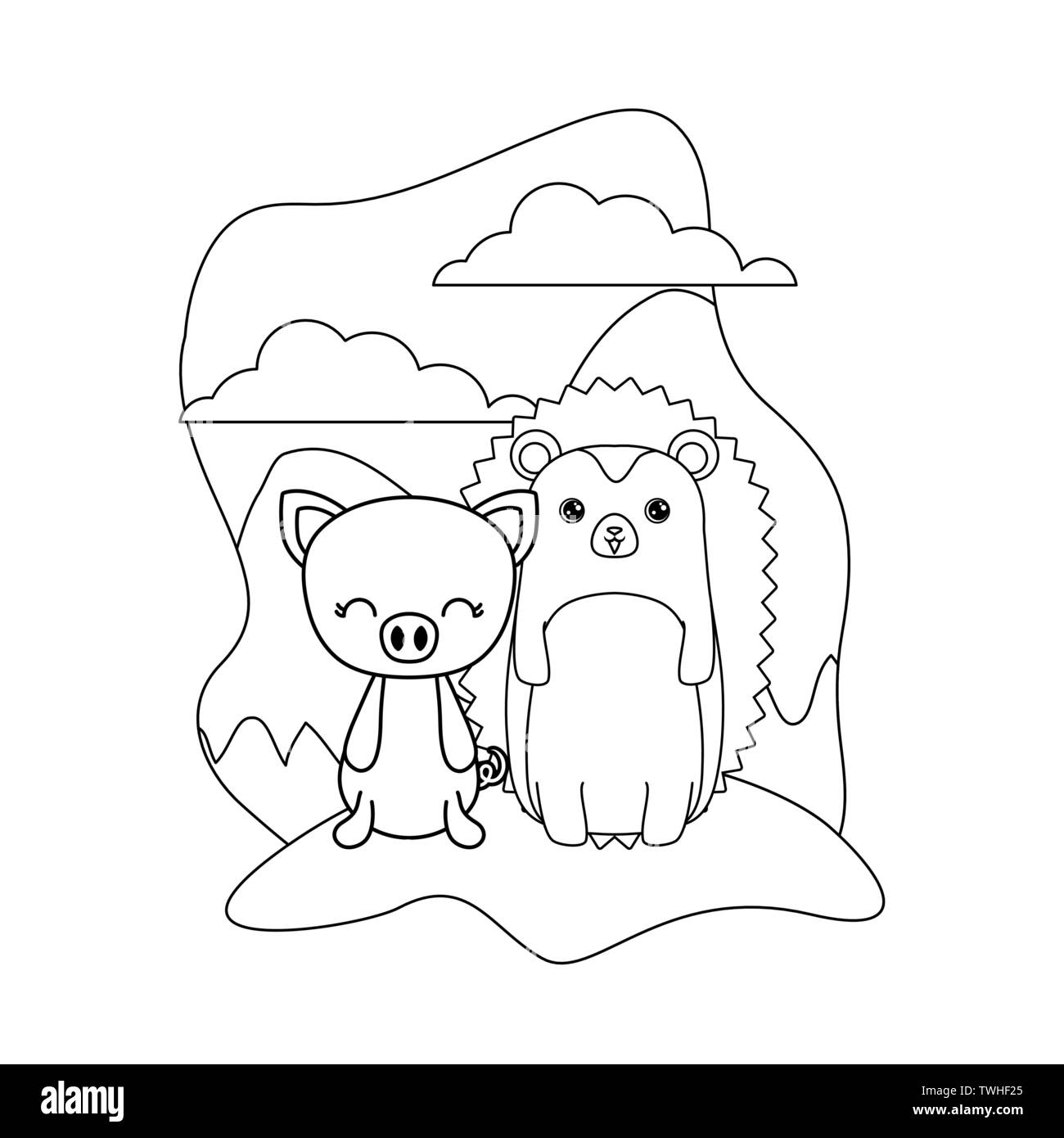 Süße Schweinchen mit porcupine Tiere in der Landschaft Vector Illustration Design Stock Vektor