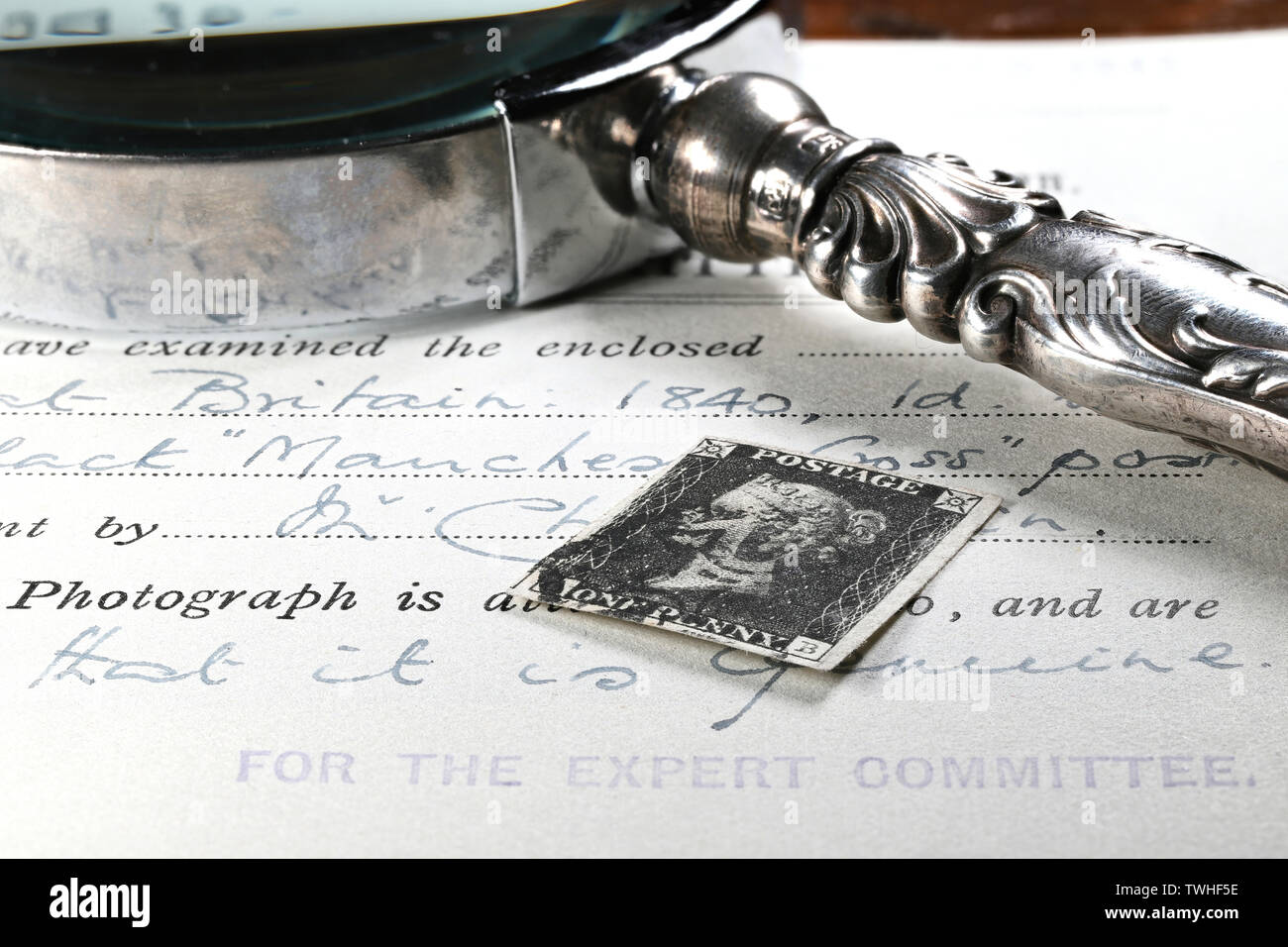 Platte 5 Penny Schwarz mit schwarzer Manchester kreuz Stornierung. Es ist der weltweit erste selbstklebende Briefmarke. Stockfoto