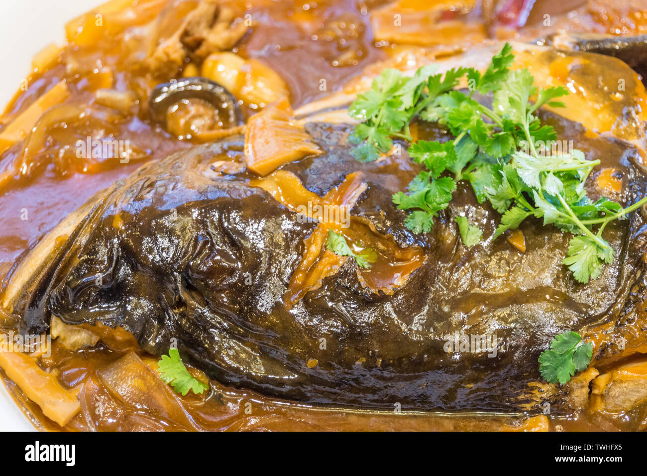 Eine Platte der chinesisches Essen, geschmorte Fett Fisch Kopf Nahaufnahme Stockfoto