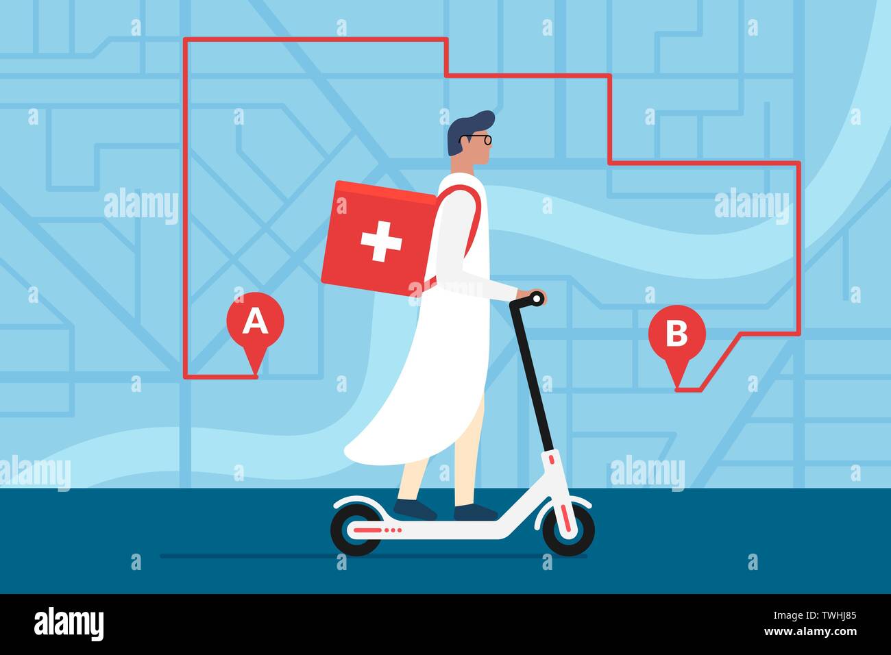 Medizin versand apotheke. Männlicher Arzt reiten Elektroroller mit medizinischen chirurgische Sanitär, Erste Hilfe auf Stadt Stadtplan plan mit GPS-Pins und Stock Vektor