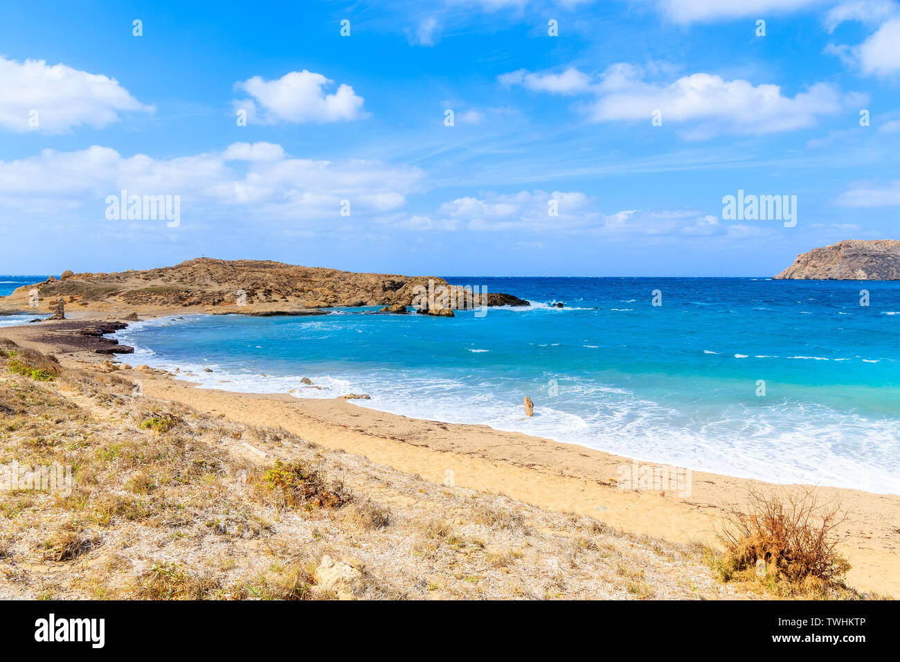 Blick auf Strand und Meer Wellen Lefkos, Karpathos, Griechenland Stockfoto
