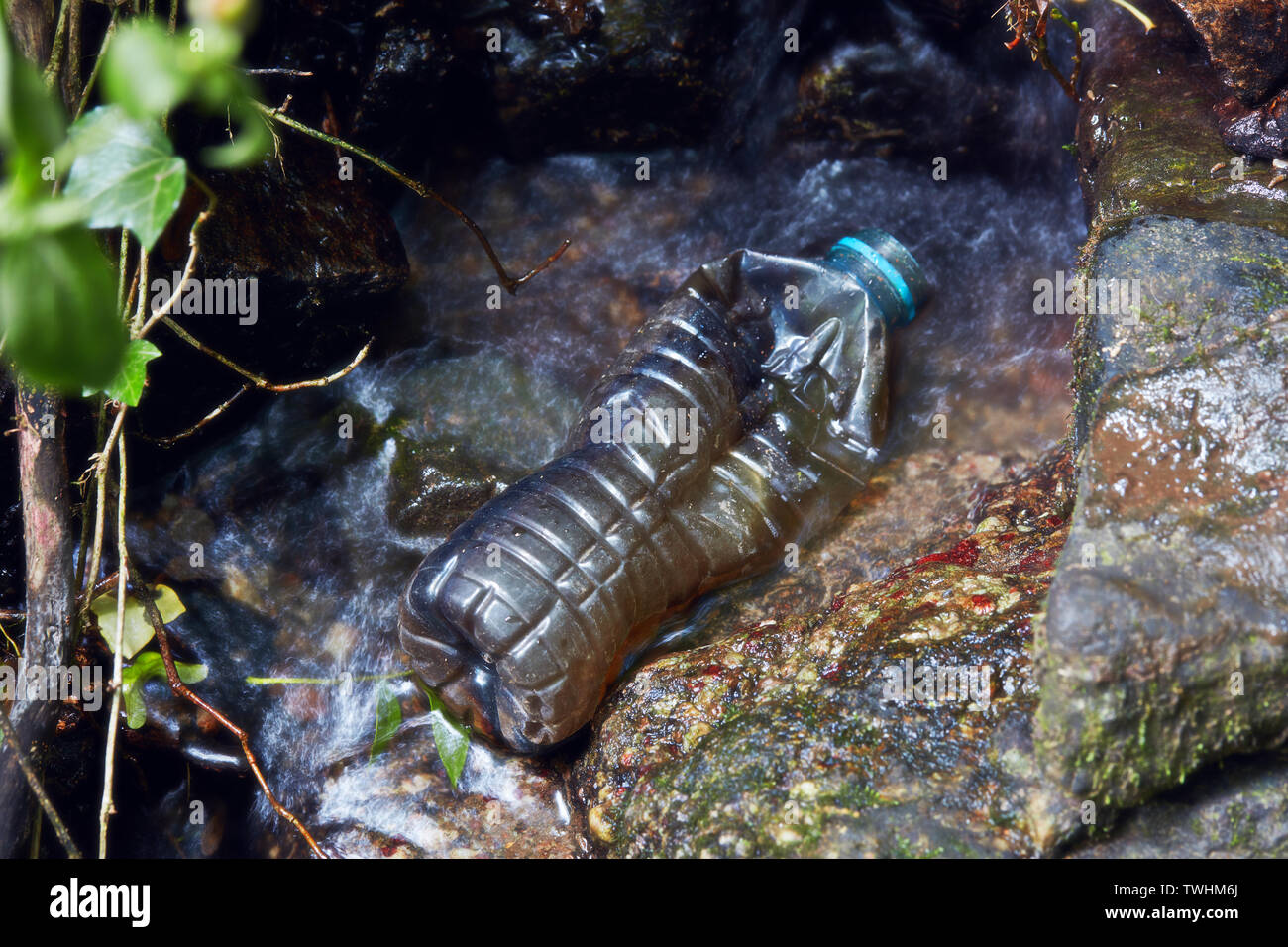 Plastikflasche in Wasserfall gefunden Stockfoto