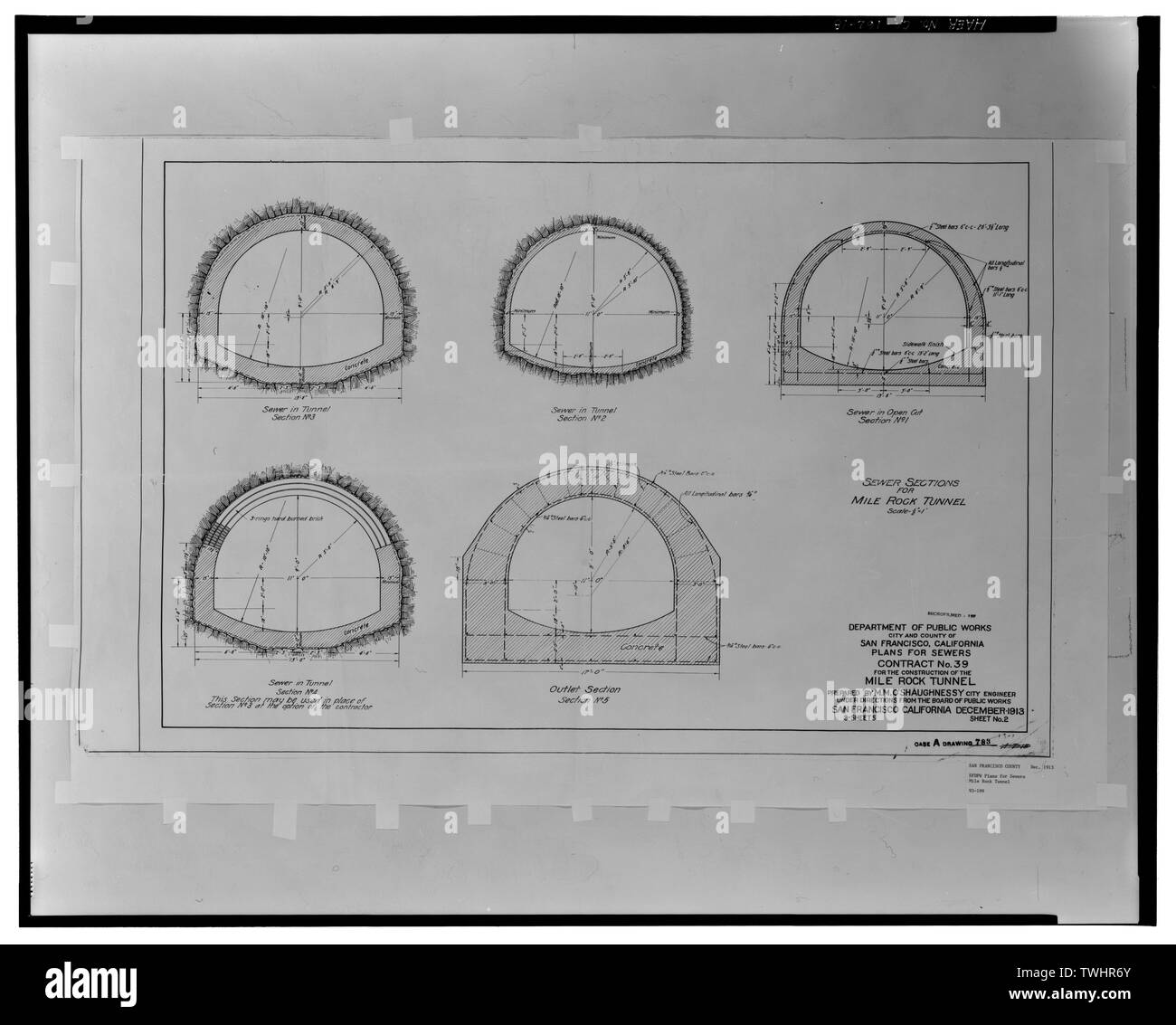 Kanalisation Abschnitte für die Meile ROCK TUNNEL. Blatt 2 von 3. Fall A, zeichnung 783. - Meile Rock Tunnel, der unter vierzig - Eighth Avenue von Cabrillo Street in San Francisco Bay am Point Lobos, San Francisco, San Francisco County, CA Stockfoto