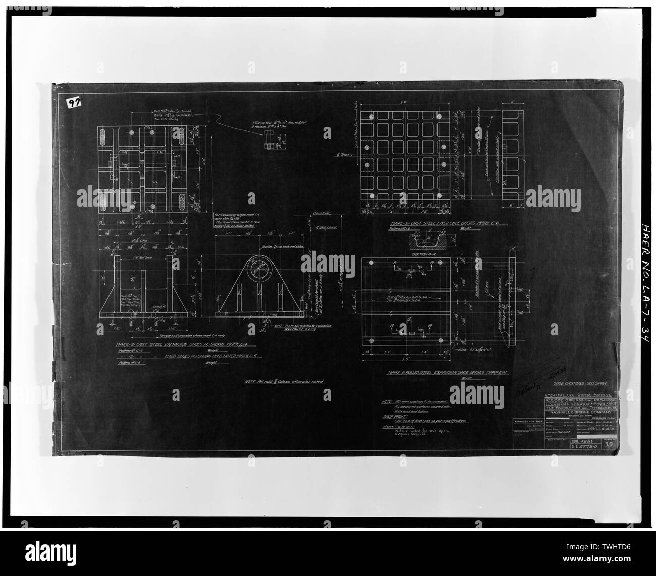 Schuhputzmaschine Gussteile, 500 'SPAN, BLATT 97 - krotz Federn Brücke, Spanning Atchafalaya River, Krotz Federn, St. Landry Parish, LA; Gründung Firma von New York; Mount Vernon Bridge Company; Nashville Bridge Company; Ames, Leslie R; Lange, Huey Pierce; Lang, Stephen H; Norman, Larry; Hawke, Paul Stockfoto