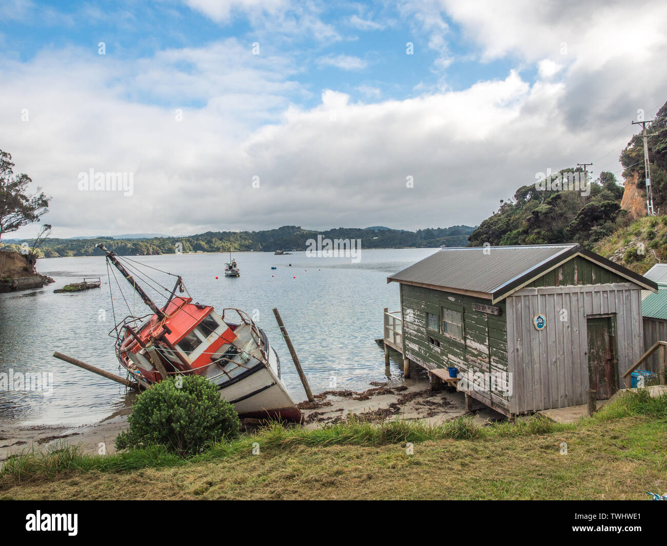 Angeln Boot und Bootshaus Careened, Leask Bay, Oban auf Stewart Island, Rakiura, Neuseeland Stockfoto