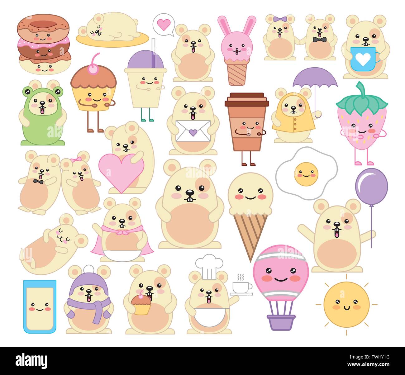 Bündel von emojis Kawaii komische Zeichen Stock Vektor