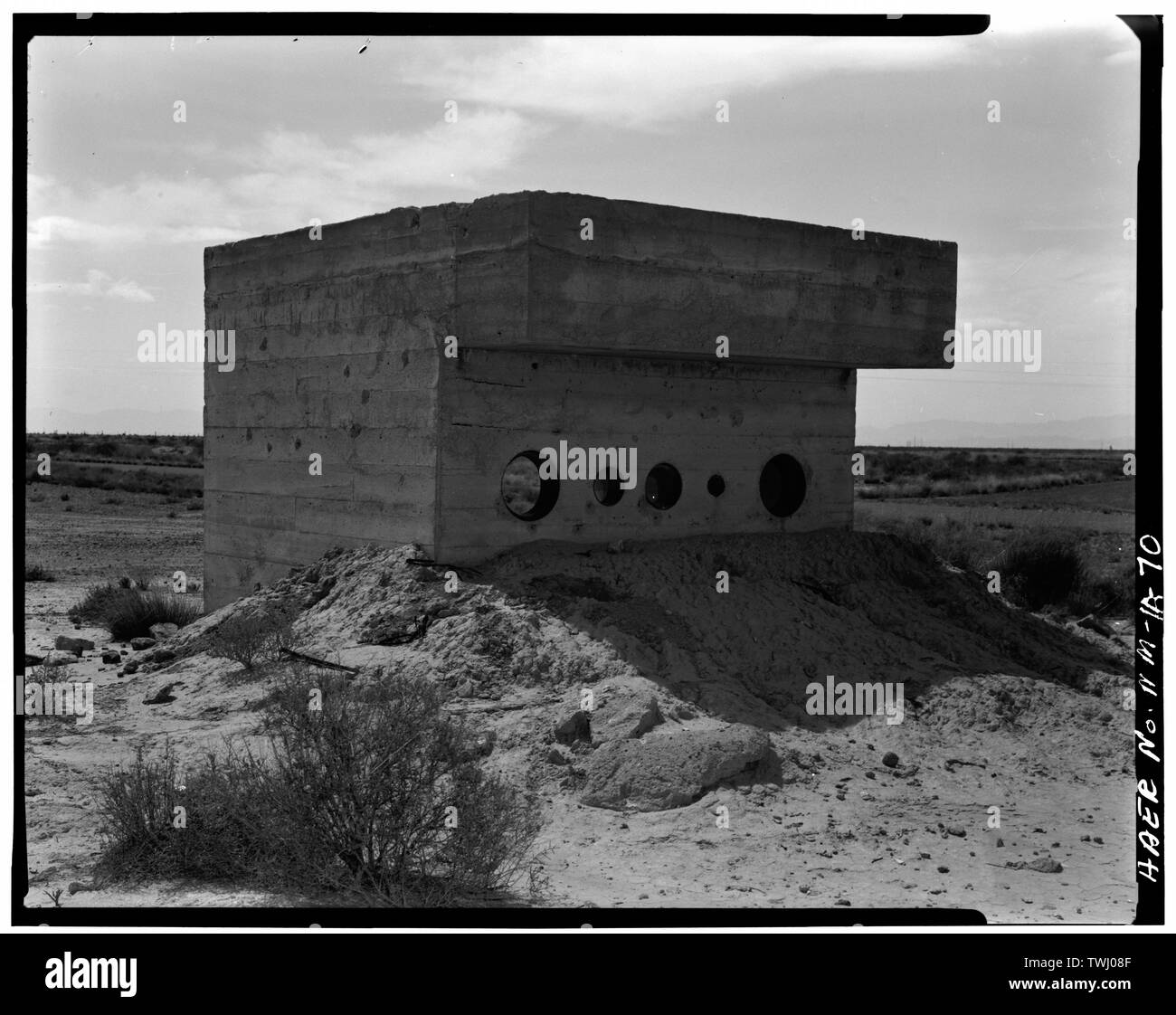 Website INSTRUMENTATION - KAMERA BUNKER AN 10.000 Norden, Nordwesten - White Sands Missile Range, Trinity Ort, Nähe von Routen 13 und 20, White Sands, Dona Ana County, NM Stockfoto