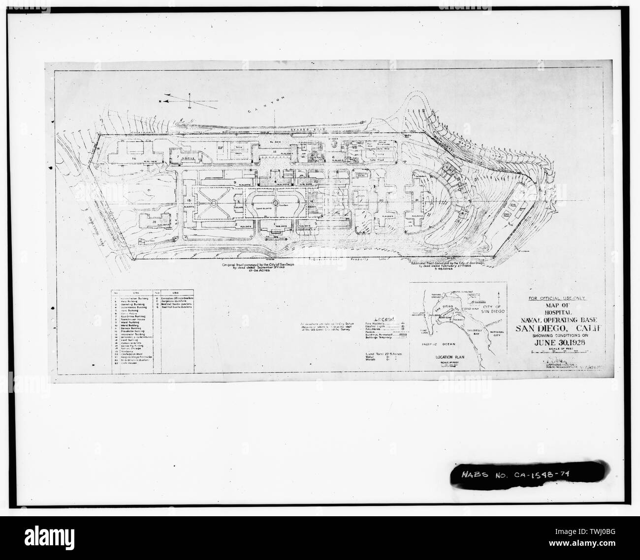 SITE MAP ÜBERSICHT BEDINGUNGEN AM 30. JUNI 1928 - U.S. Naval Hospital, Park Boulevard, Balboa Park, San Diego, San Diego County, CA Stockfoto