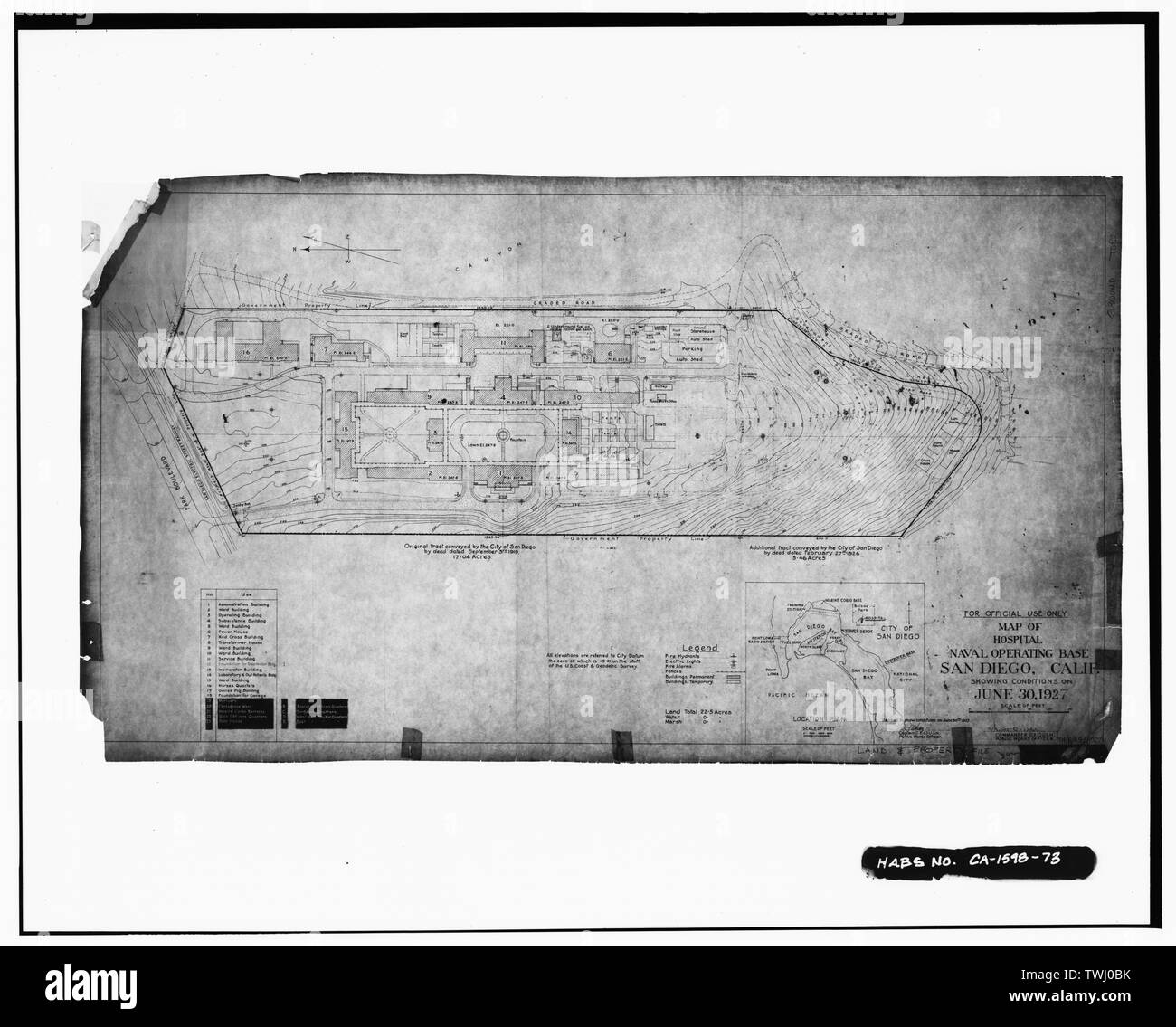 SITE MAP ÜBERSICHT BEDINGUNGEN am Juni 30, 1927, Zeichnung Nr. NH 16-A 9-1 (1927) - US Naval Hospital, Park Boulevard, Balboa Park, San Diego, San Diego County, CA Stockfoto