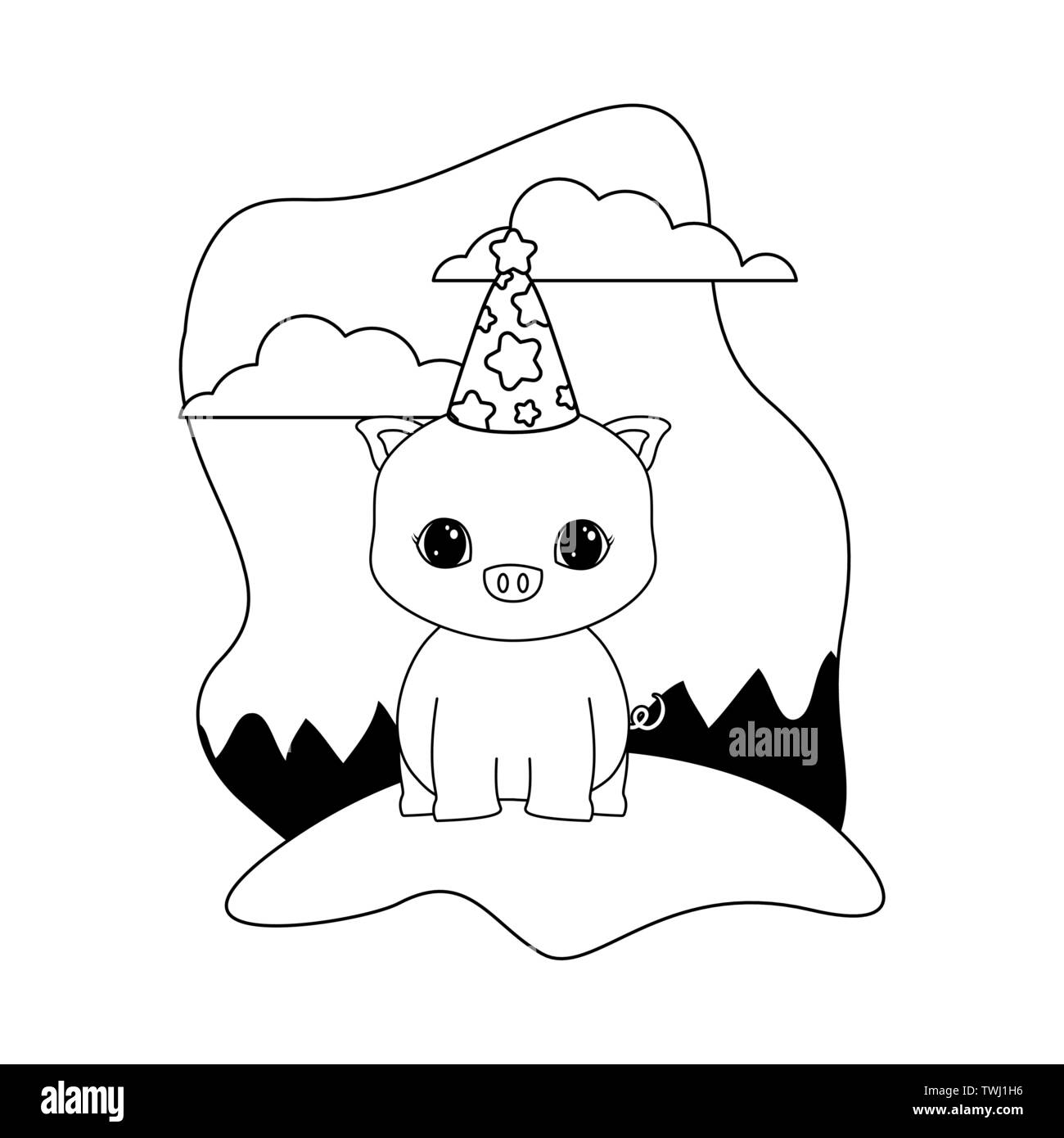 Süße Schweinchen Tier mit Hut Party im Querformat Vector Illustration Design Stock Vektor