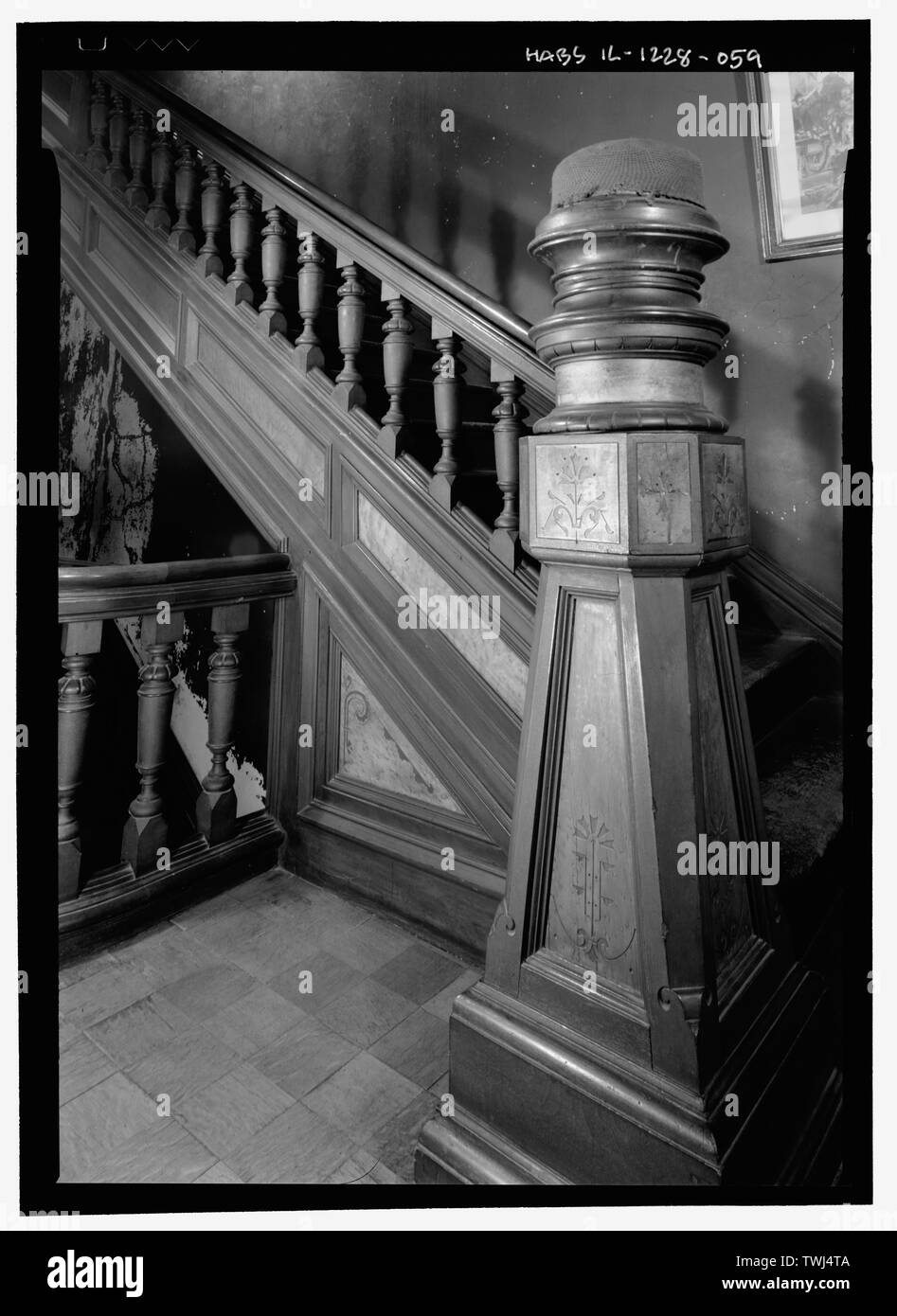 Zweite Etage, Treppen, newel post-hegeler Carus Mansion, 1307 7th Street, La Salle, La Salle County, IL Stockfoto