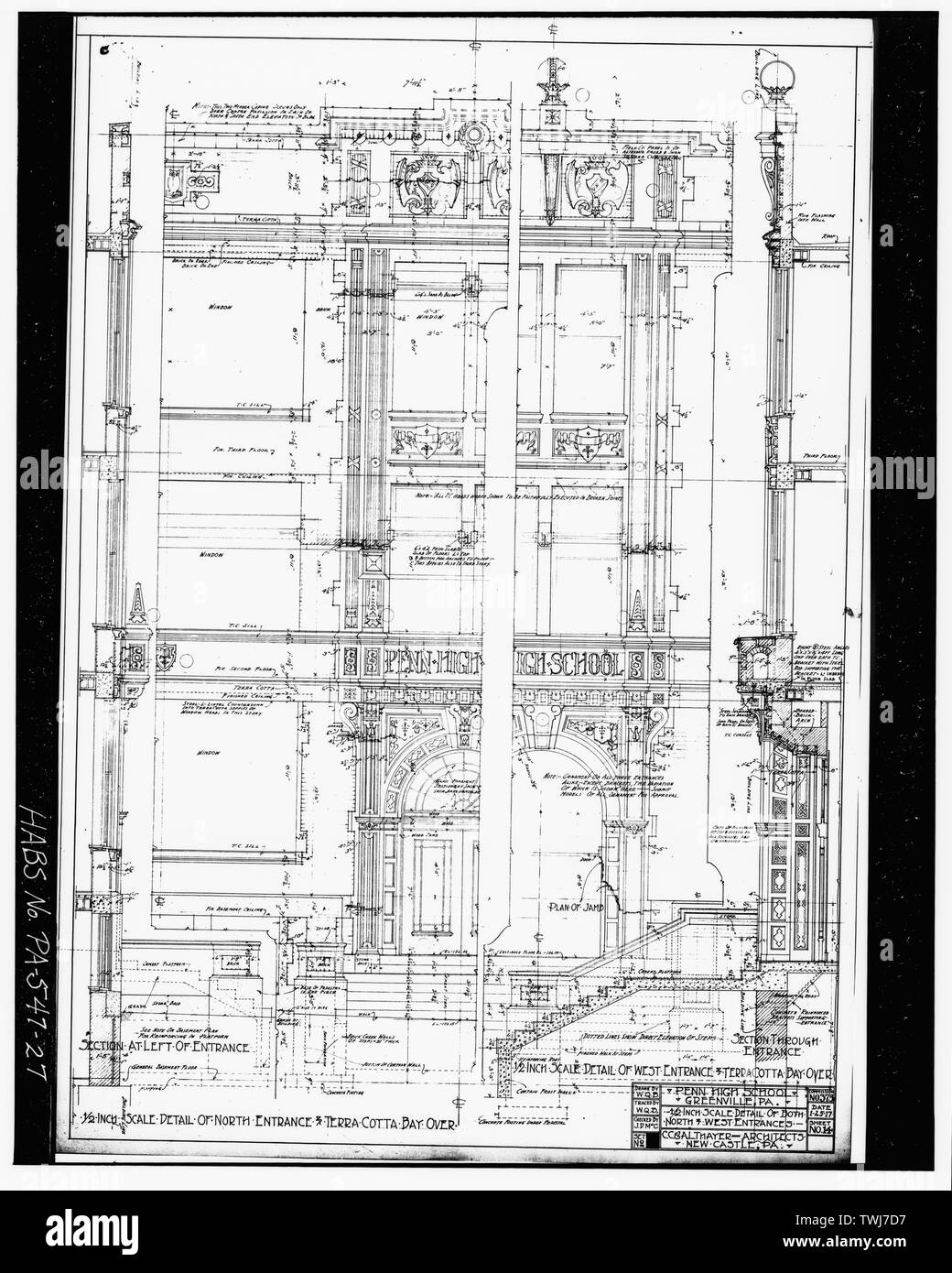 Blatt 14 - EINZELHEITEN DER NORDEN UND WESTEN EINGÄNGEN - Penn High School, Penn Avenue an der Main Street, Greenville, Mercer County, PA Stockfoto