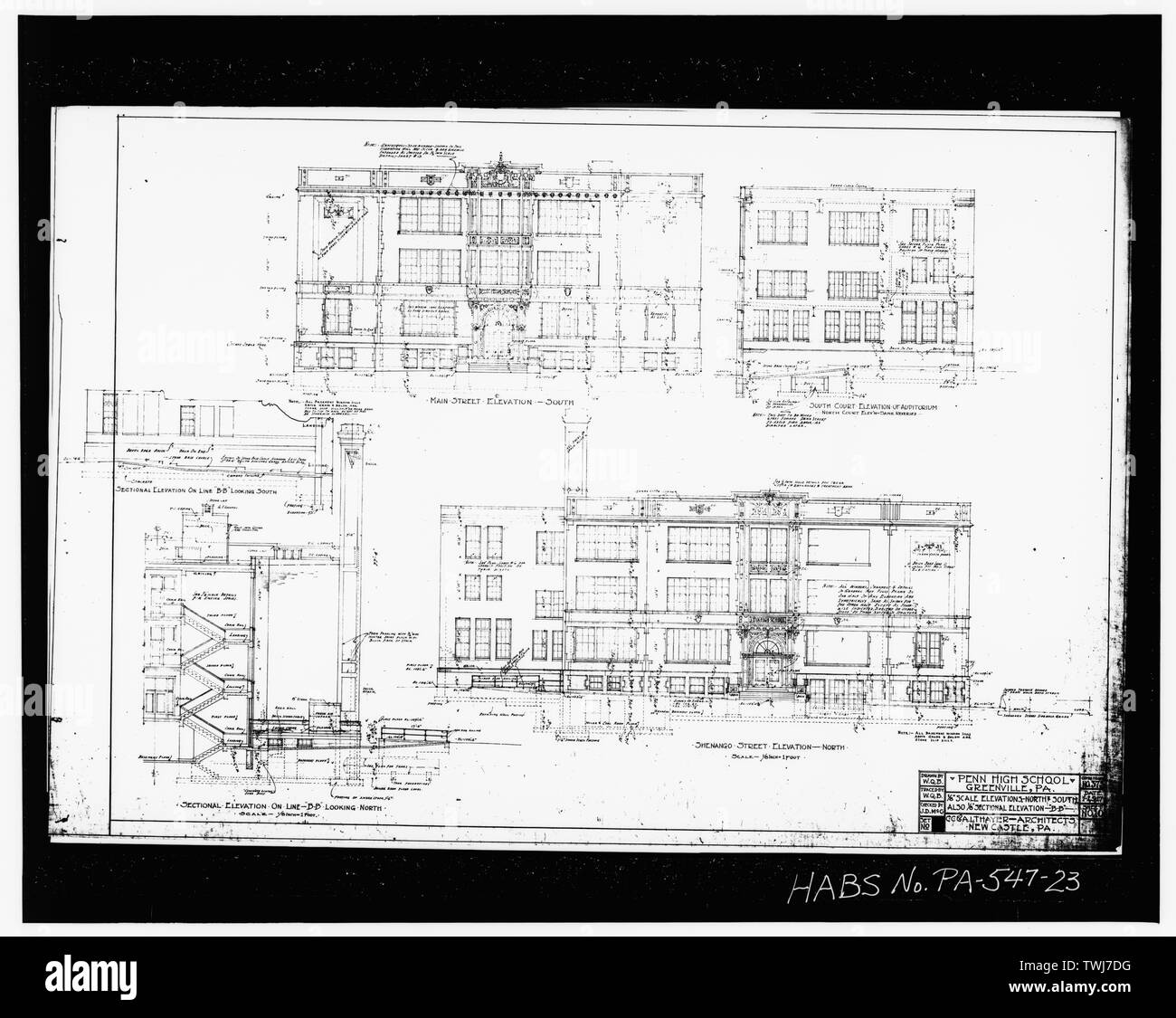 Blatt 10 - Nord und Süd ELAVATIONS - Penn High School, Penn Avenue an der Main Street, Greenville, Mercer County, PA Stockfoto