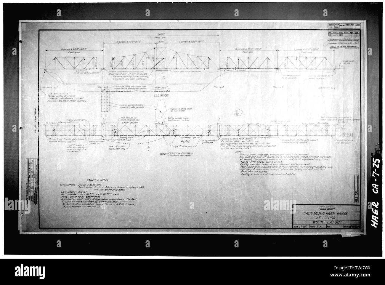 Blatt Nr. C -1935-14, mit dem Titel "Arbeit Layout.' - Colusa Brücke, Spanning Sacramento River, Colusa, Colusa County, CA Stockfoto