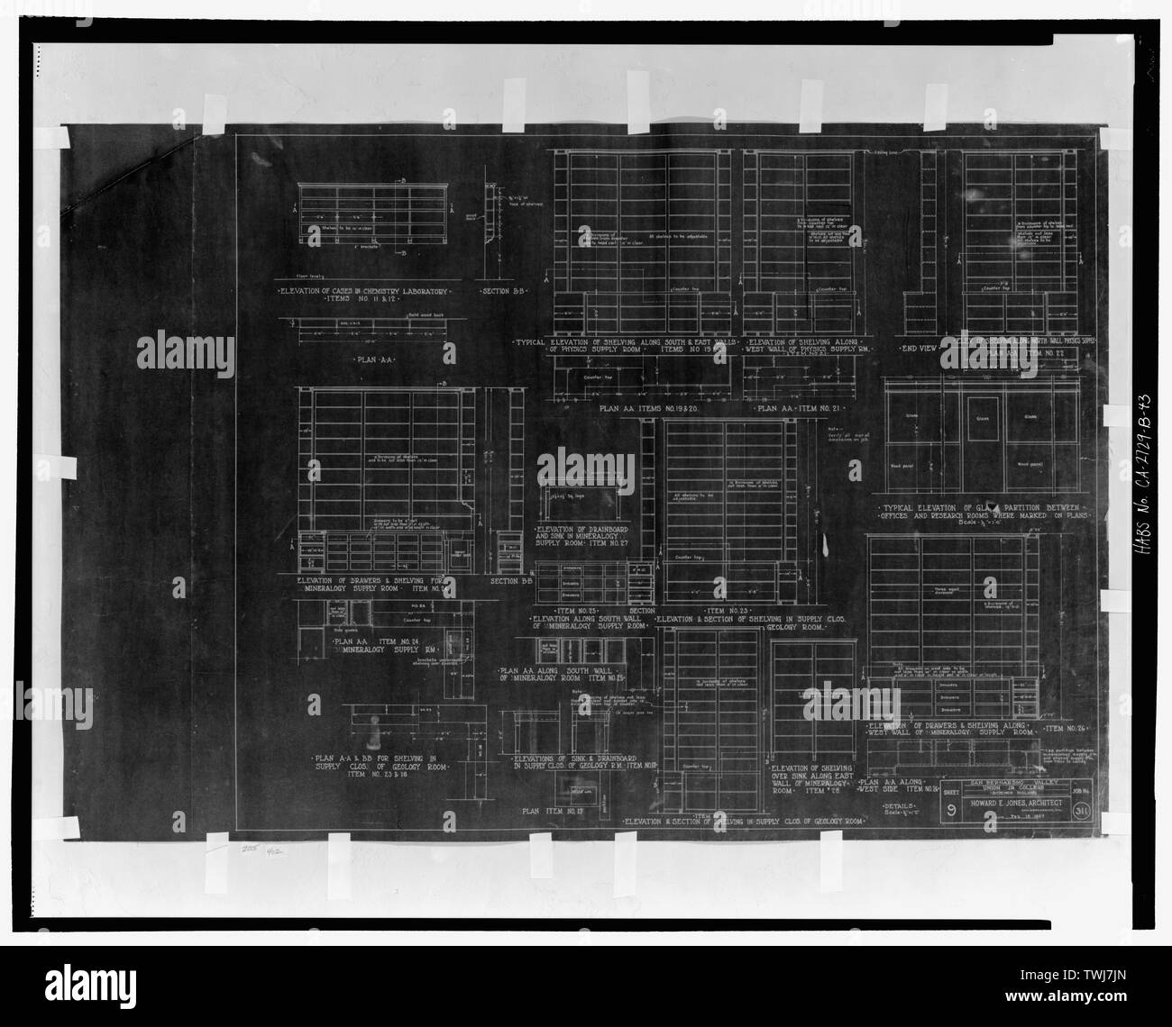 Vitrinen Pläne, Ansichten und Schnitte. San Bernardino Valley Union Junior College, Wissenschaft Gebäude. Howard E. Jones, Architekt, San Bernardino, Kalifornien. Blatt 9, Job nr. 311. Skala 1.2 Zoll auf den Fuß. Februar 15, 1927. - San Bernardino Valley College, Life Science Gebäude, 701 South Mount Vernon Avenue, San Bernardino, San Bernardino County, CA Stockfoto