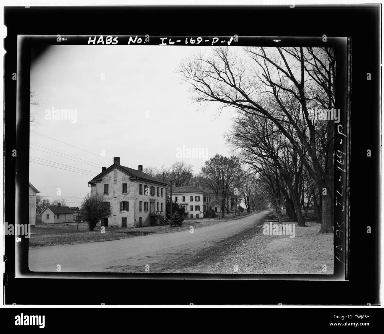 Zwei Häuser und viele Bäume - Jansonist Kolonie, Street Scene, Bischof Hill, Henry County, IL Stockfoto