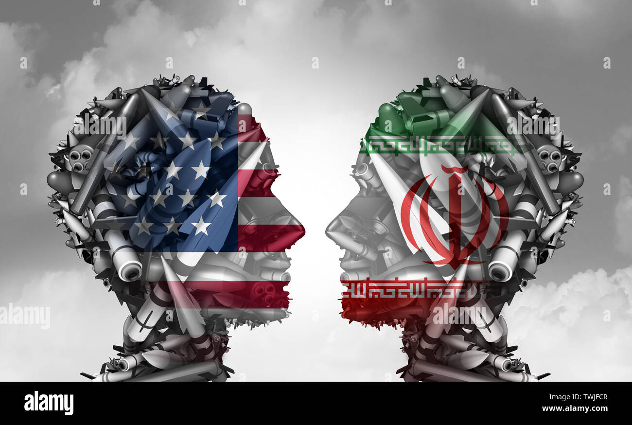 Iran US-Konflikt und der Vereinigten Staaten im Nahen Osten Konzept als amerikanische und Iranische Sicherheitsproblem durch wirtschaftliche Sanktionen. Stockfoto