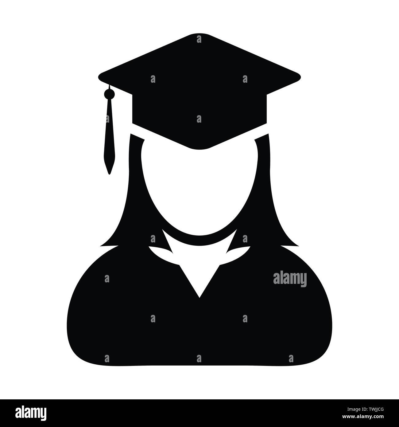 Student Symbol Vektor weibliche Person Profil Avatar mit Mörtel Board hat Symbol für Schule, Hochschule und Universität Abschluss Grad in der flachen Farbe glyphe Stock Vektor
