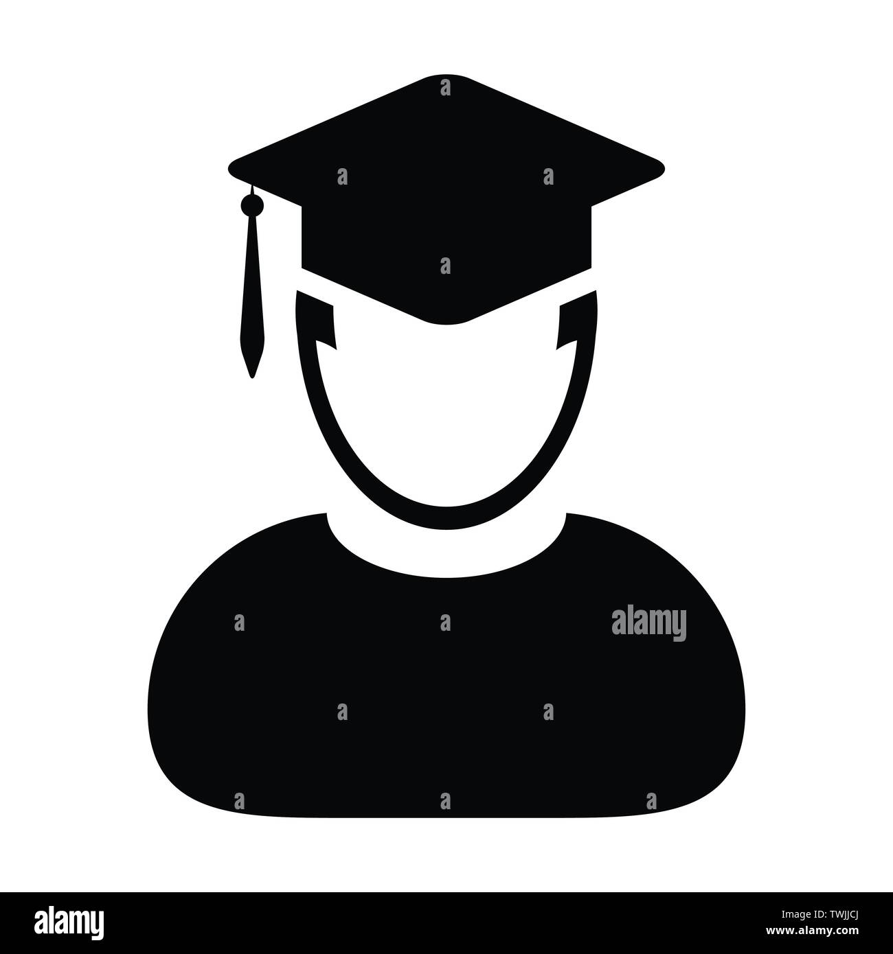 Student Icon Vektor männlich Person Profil Avatar mit Mörtel Brett Hutsymbol für Schule, Hochschule und Universität Abschluss Abschluss in flacher Farbe Glyphe Stock Vektor