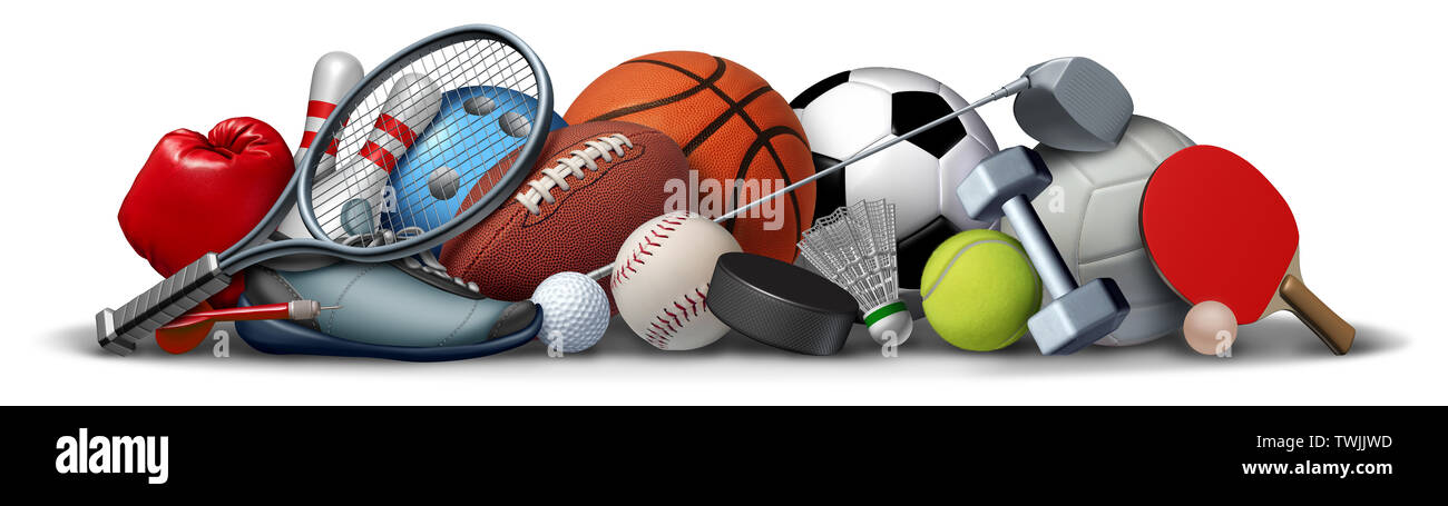 Sport Objekte und Sportgeräte mit einem Fußball Basketball Baseball Fussball Tennis und Golf ball und Badminton hockey puck als Erholung. Stockfoto