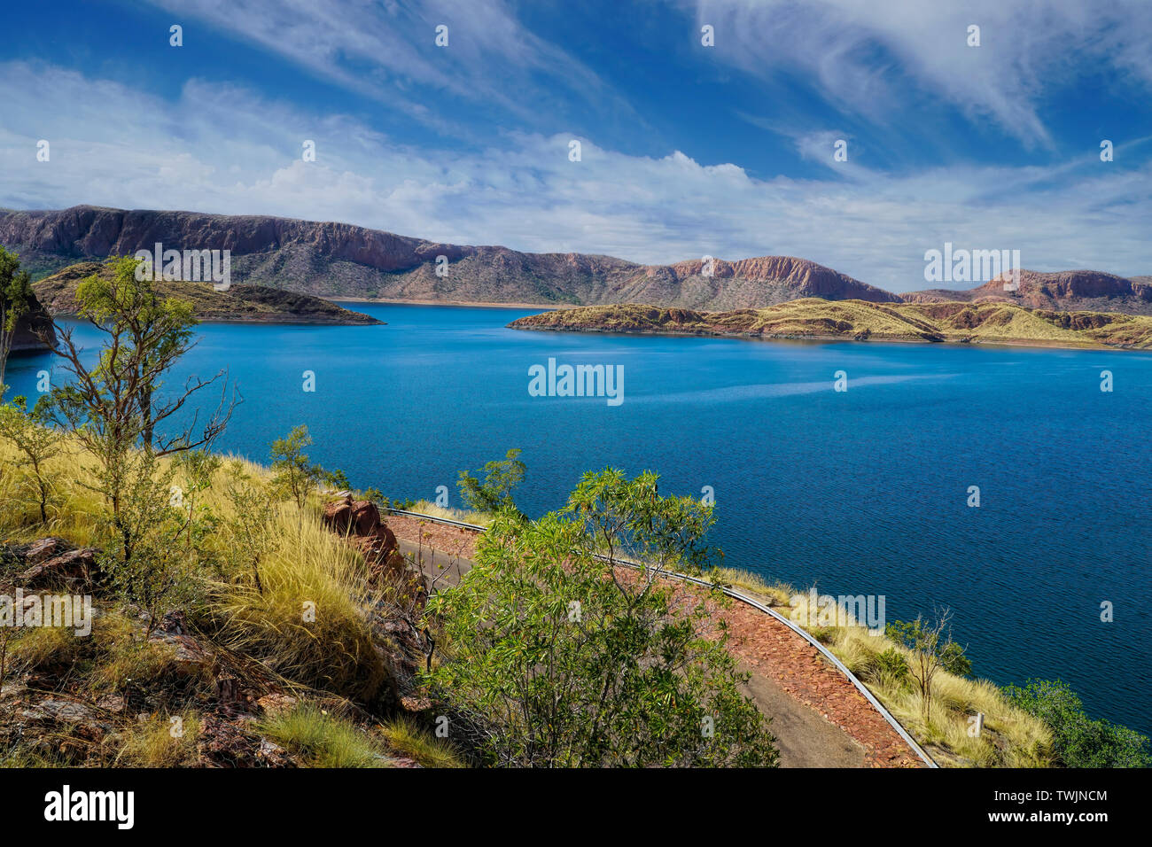 Lake Argyle ist Westaustraliens größtes und Australiens größte Süßwasser-man-made Behälter durch Volumen und Teil der Ord River Bewässerung Stockfoto