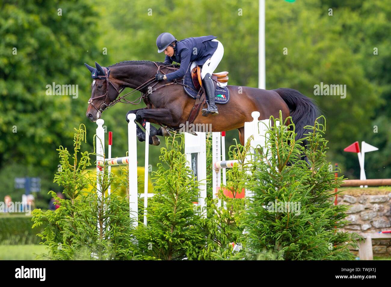 Hickstead, West Sussex, UK. Juni, 2019 20. Sieger. Julie Brunnen reiten Ambra. USA. Die bunn Freizeitaktivitäten Trophäe. Die Al Shira'aa Hickstead Derby treffen. Hickstead. West Sussex. Vereinigtes Königreich. GBR. 20.06.2019. Credit: Sport in Bildern/Alamy leben Nachrichten Stockfoto